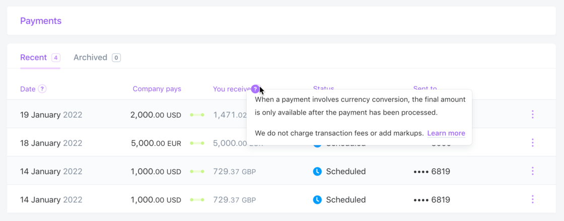 Help popovers added to Payments page