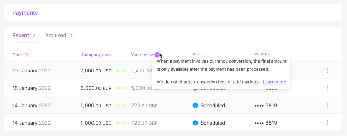 Help popovers added to Payments page