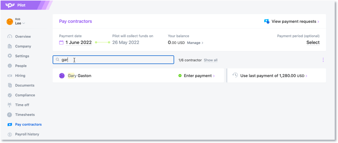 Pay Contractors search filter