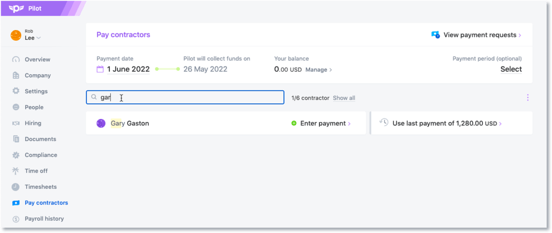 Pay Contractors search filter