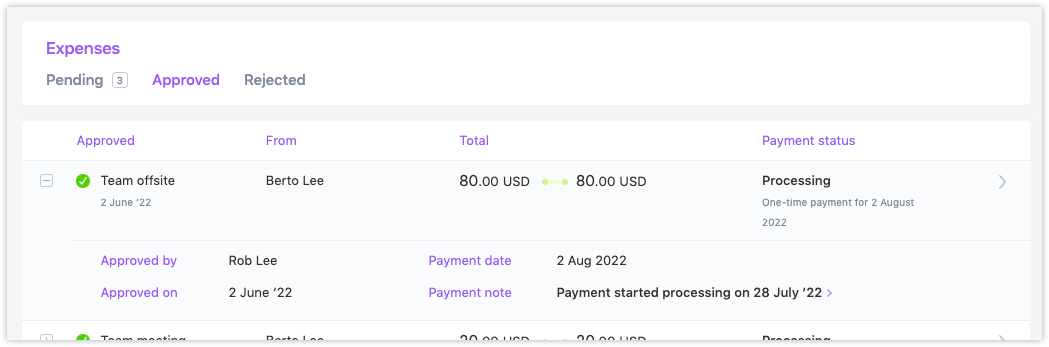 Payment tracking for expense reports