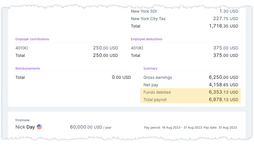 Funds debited on payroll screens and statements