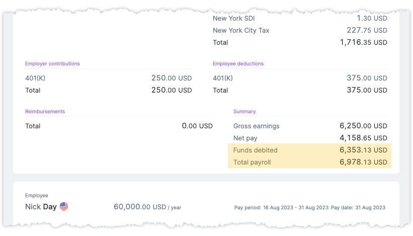 Funds debited on payroll screens and statements