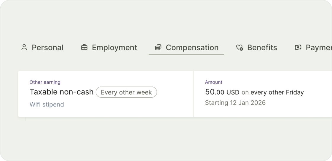Payroll support for taxable non-cash earnings like fringe benefits