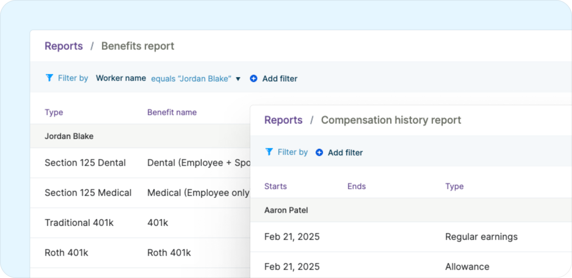 New reports for benefits, compensation, and payments