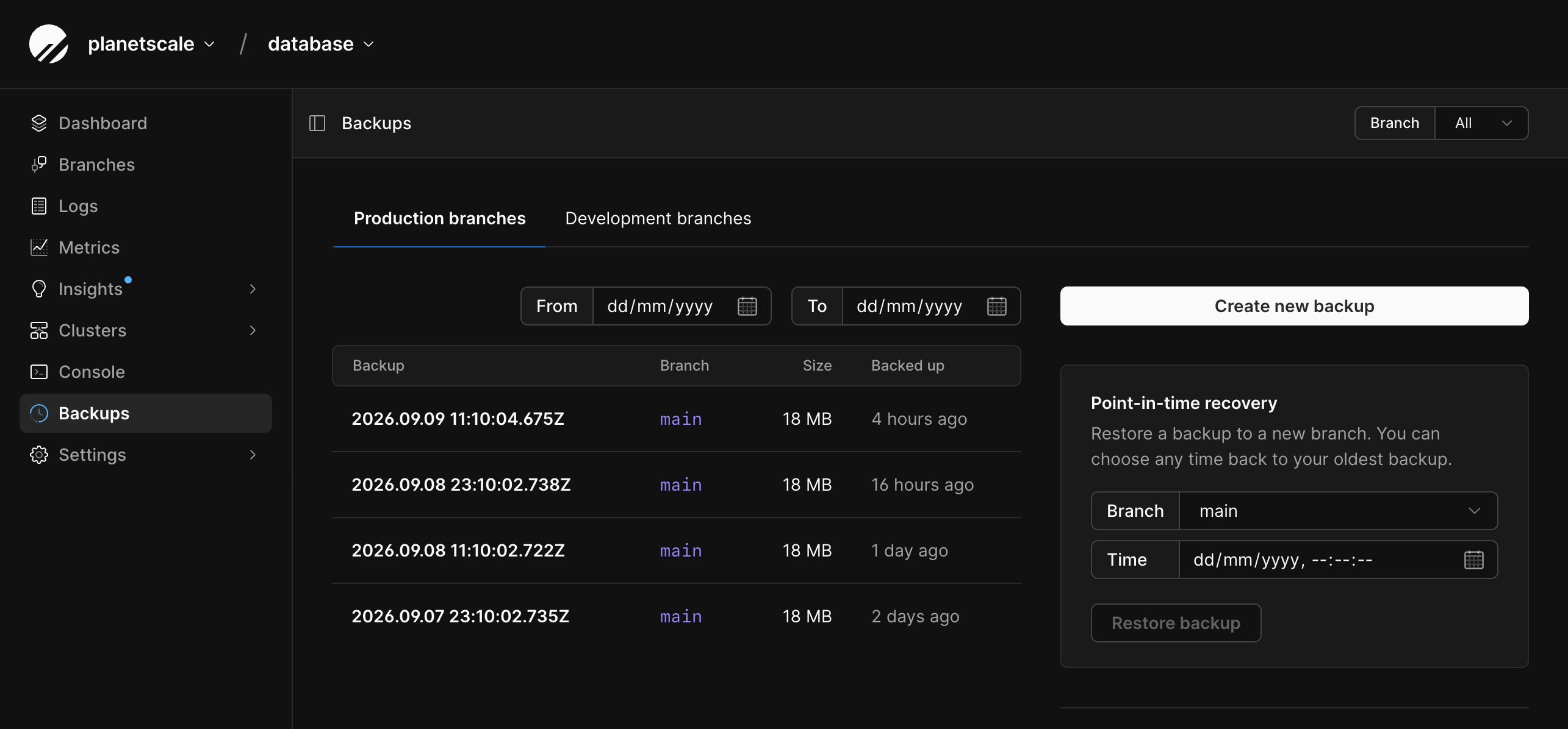 Backups page showing production branch backups, date filters, and the point-in-time recovery card