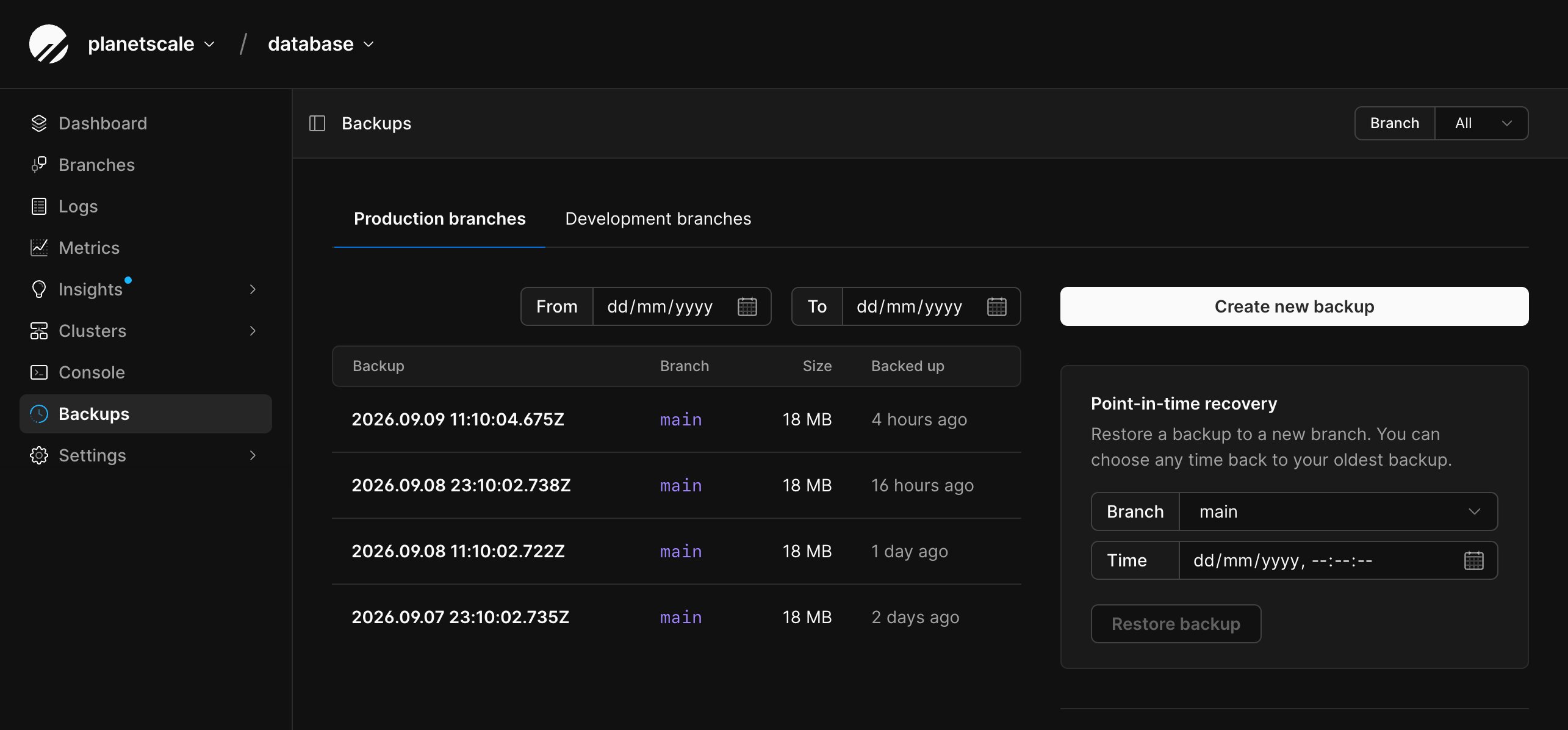 Backups page showing production branch backups, date filters, and the point-in-time recovery card
