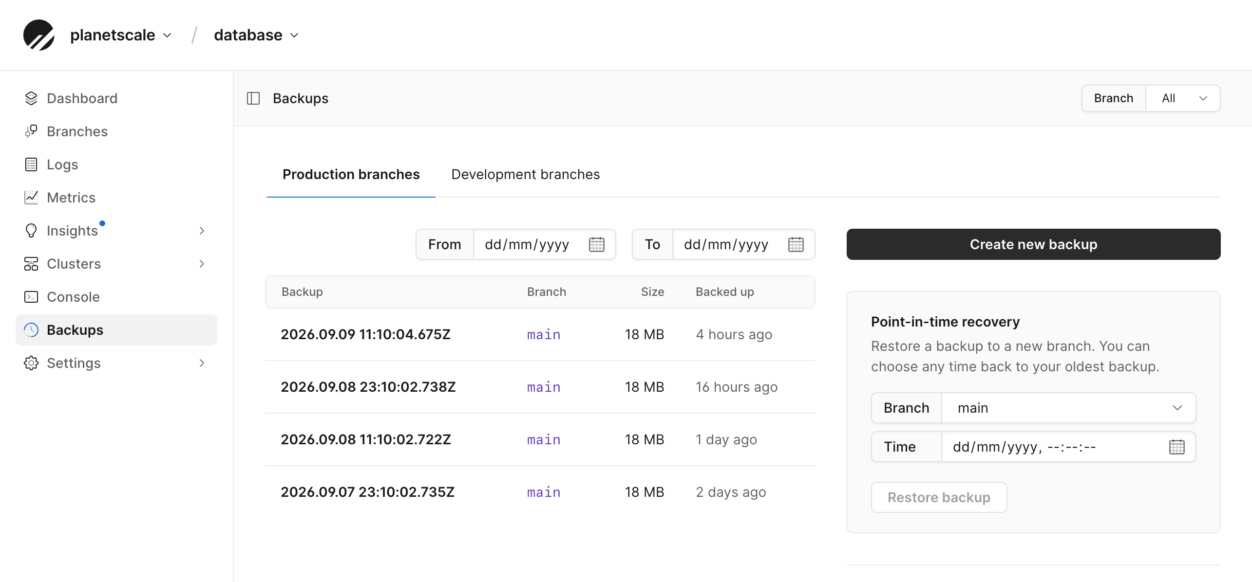 Backups page showing production branch backups, date filters, and the point-in-time recovery card