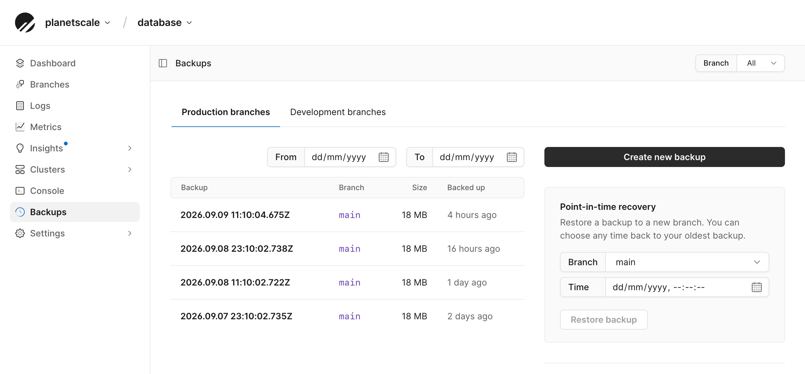 Backups page showing production branch backups, date filters, and the point-in-time recovery card