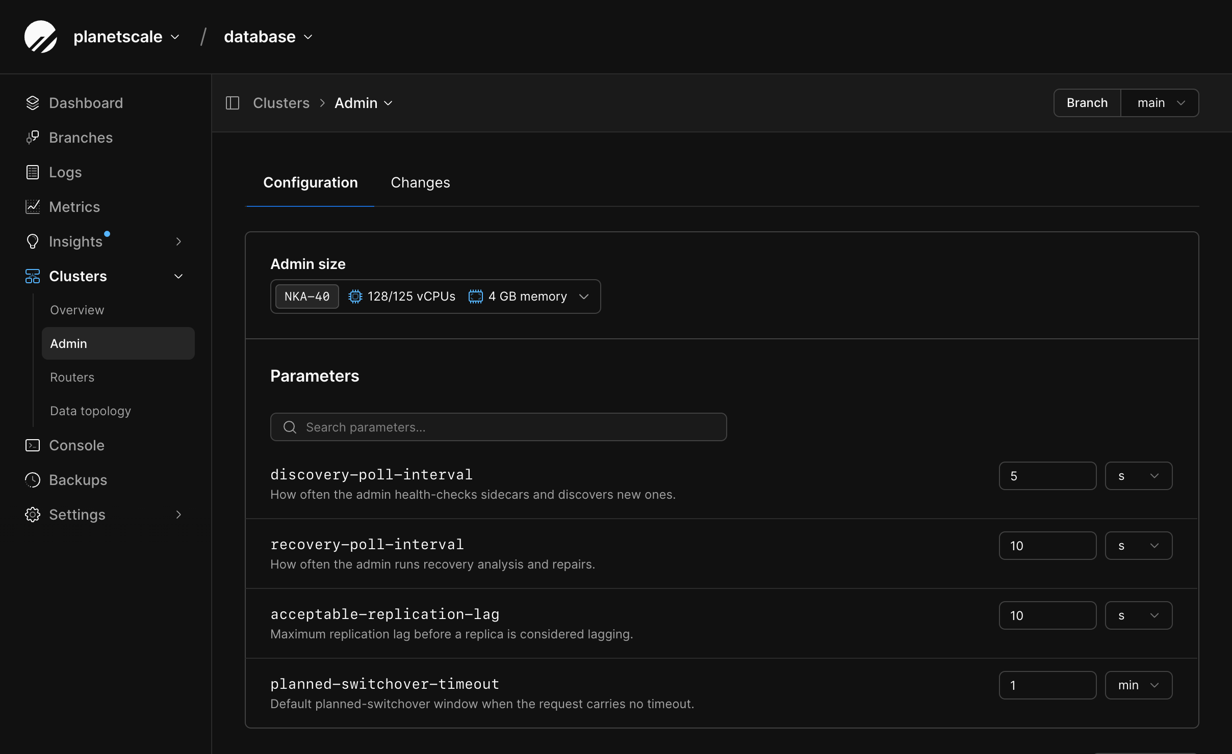 Admin Configuration tab showing the Admin size selector and health-check and recovery parameters