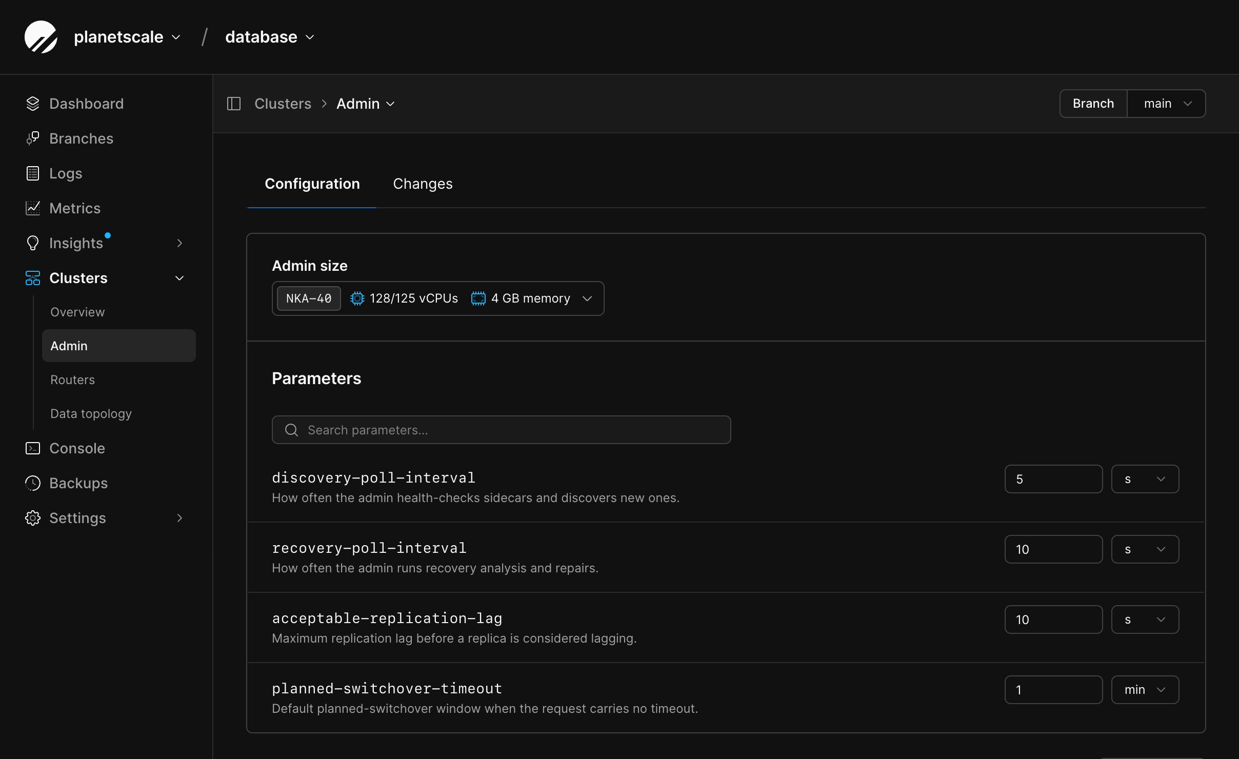 Admin Configuration tab showing the Admin size selector and health-check and recovery parameters