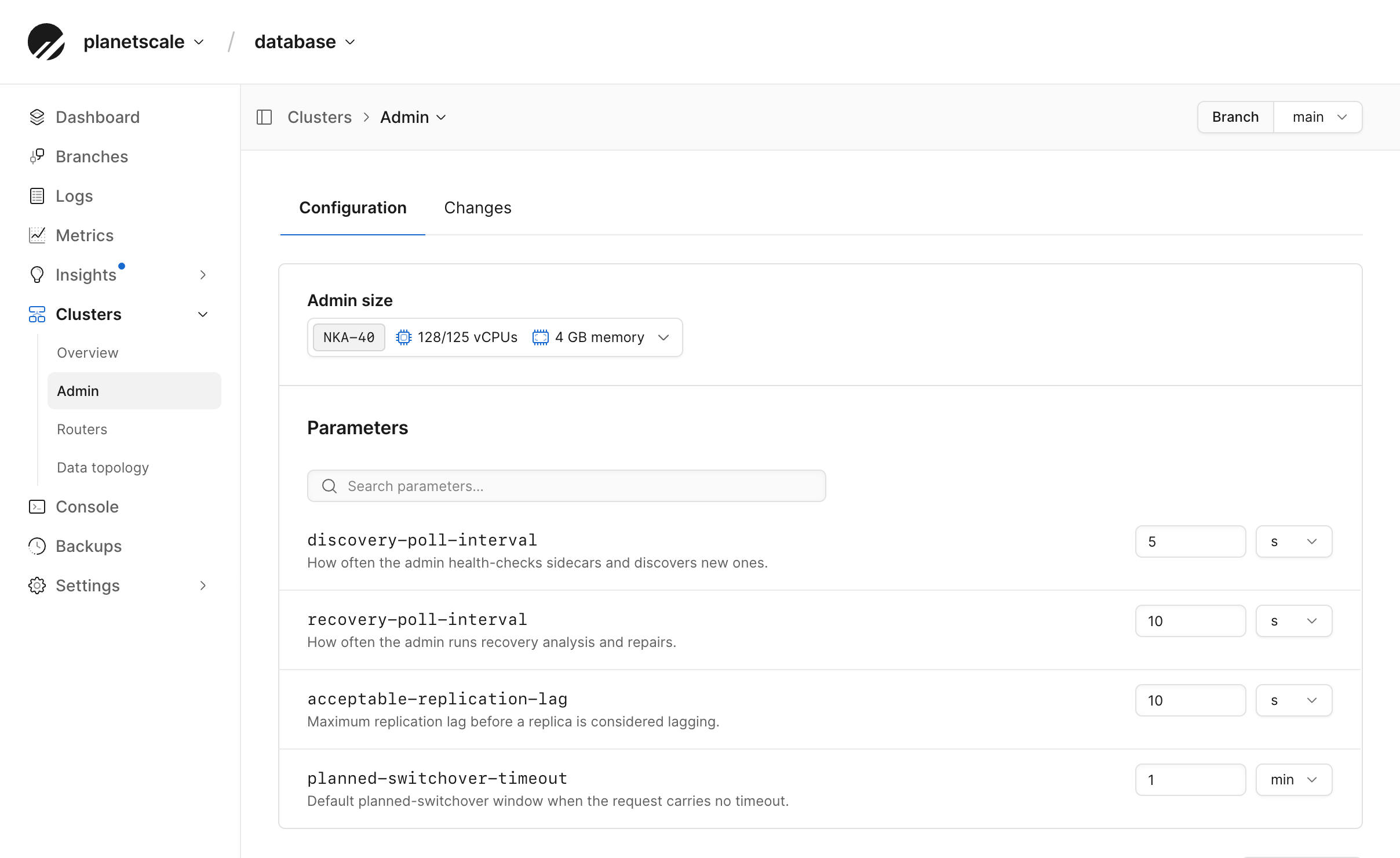 Admin Configuration tab showing the Admin size selector and health-check and recovery parameters