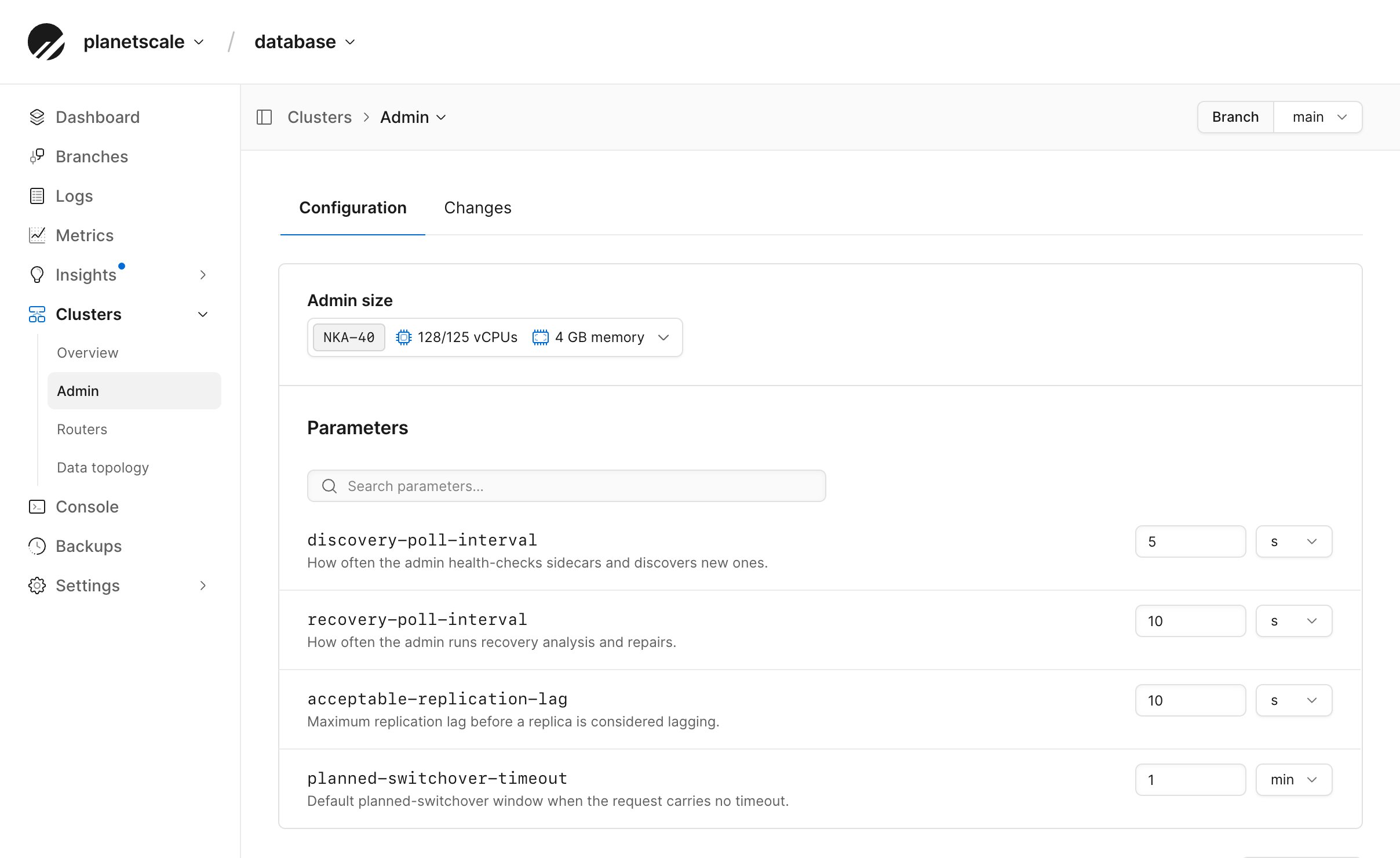 Admin Configuration tab showing the Admin size selector and health-check and recovery parameters