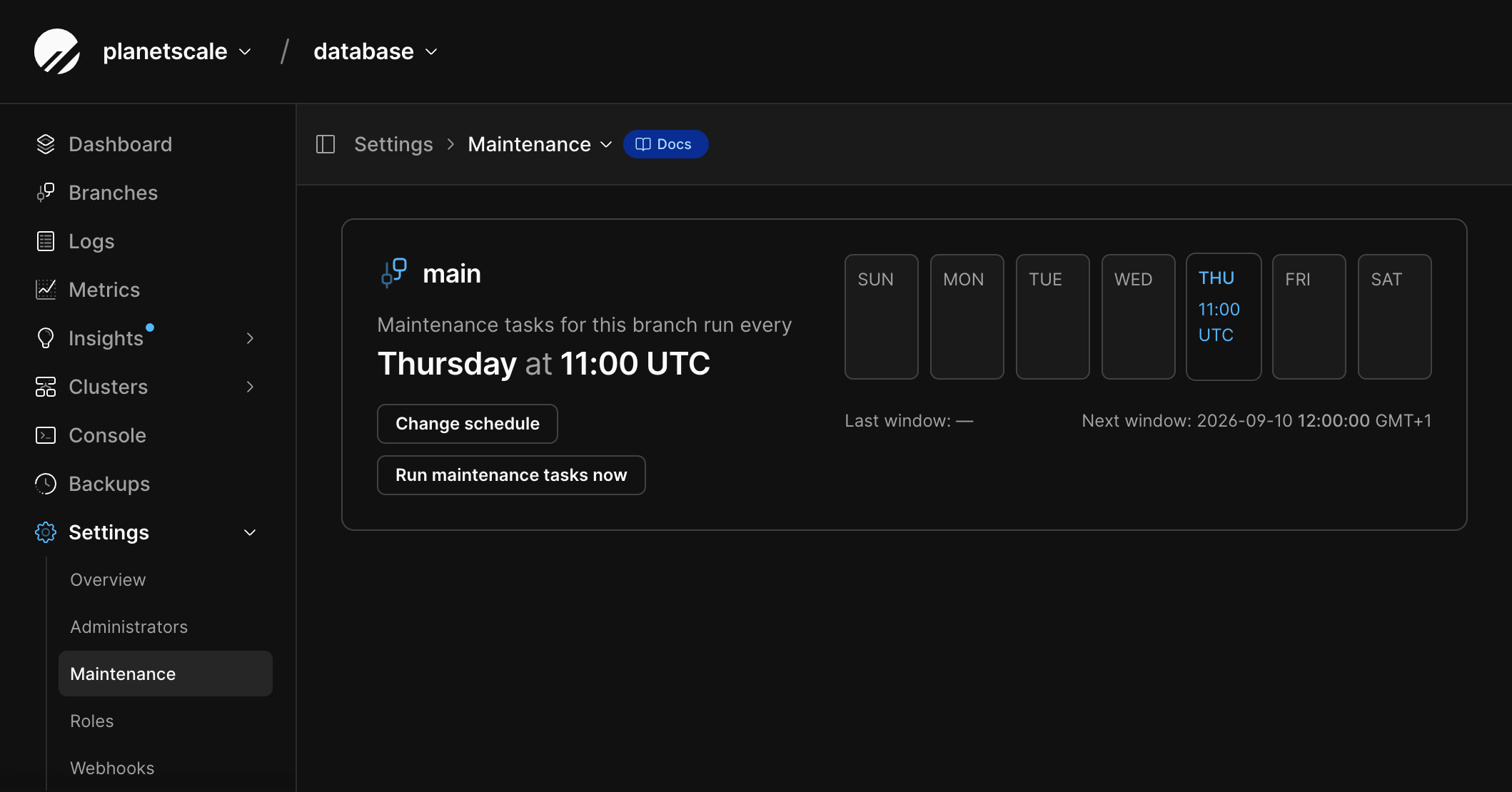 Settings Maintenance page showing the weekly schedule card for a production branch, with Change schedule and Run maintenance tasks now