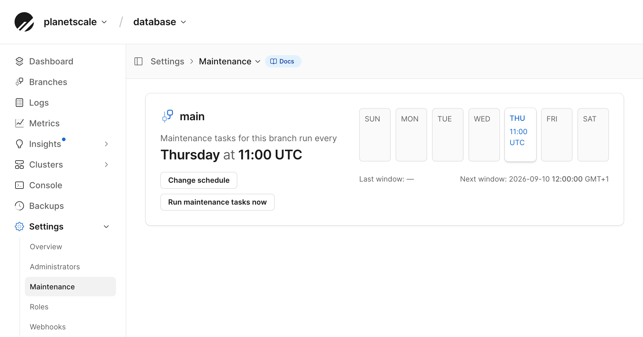 Settings Maintenance page showing the weekly schedule card for a production branch, with Change schedule and Run maintenance tasks now