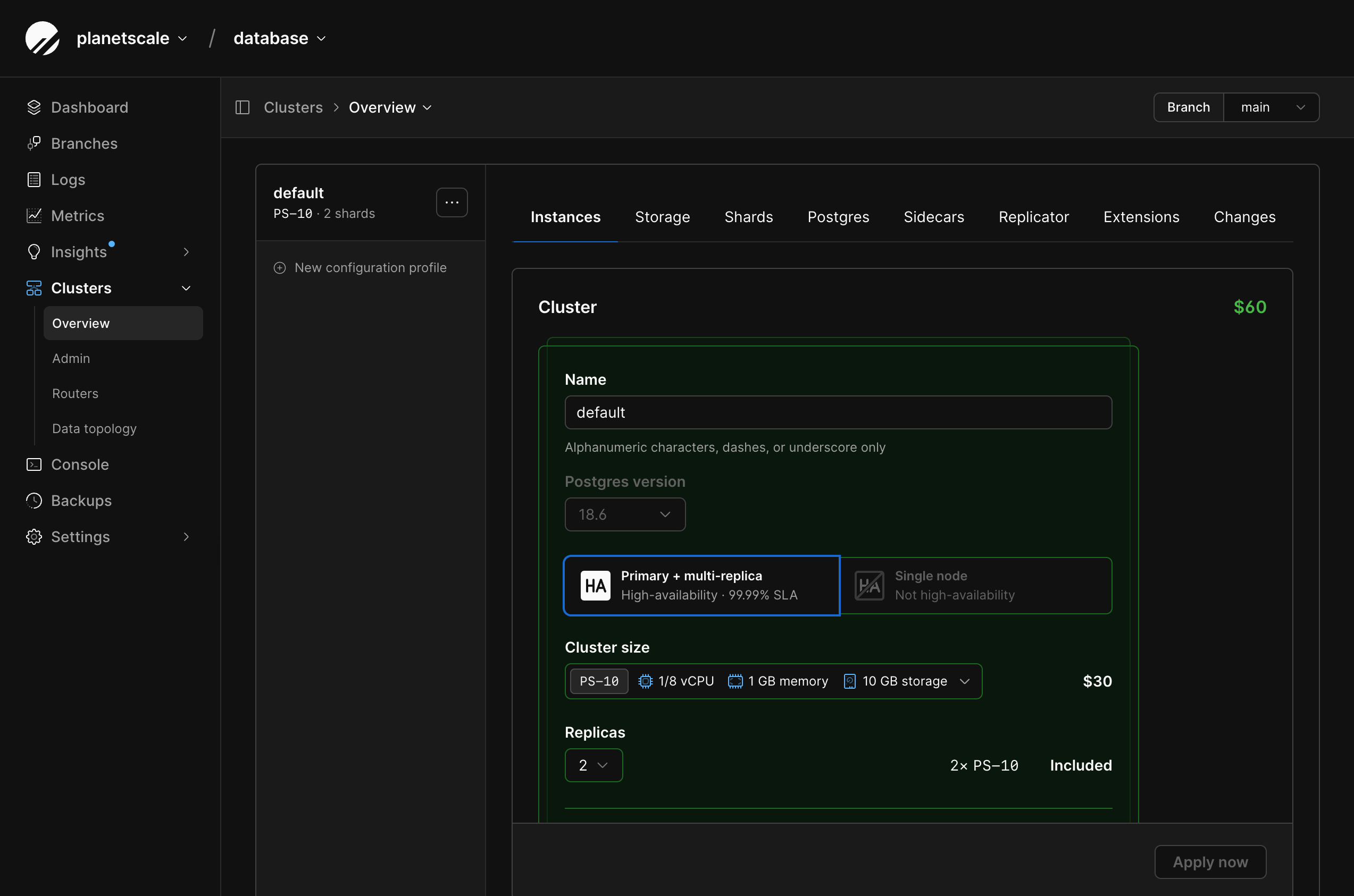 Configuration profile Instances tab showing cluster size, replica count, and estimated monthly cost