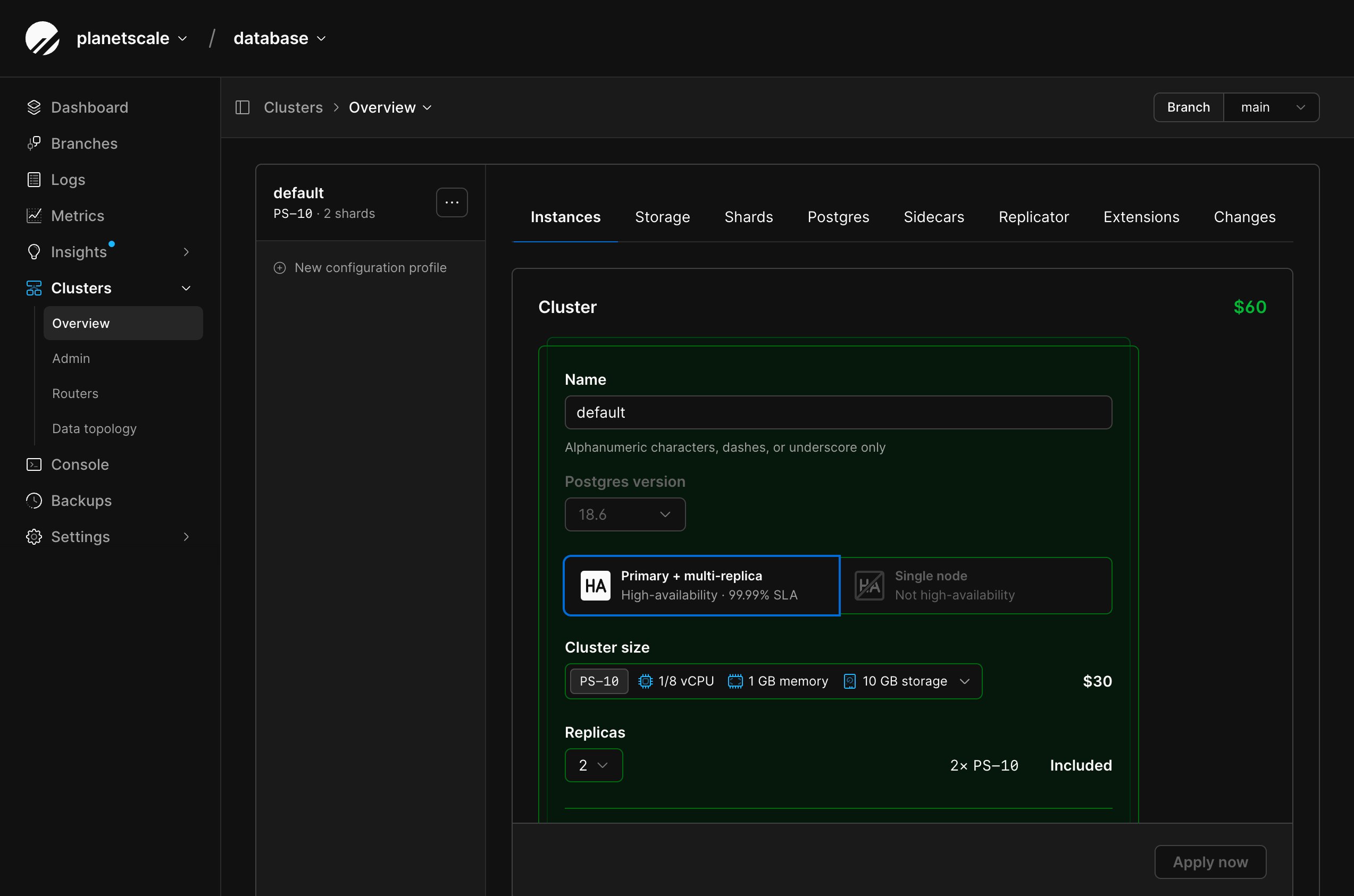 Configuration profile Instances tab showing cluster size, replica count, and estimated monthly cost