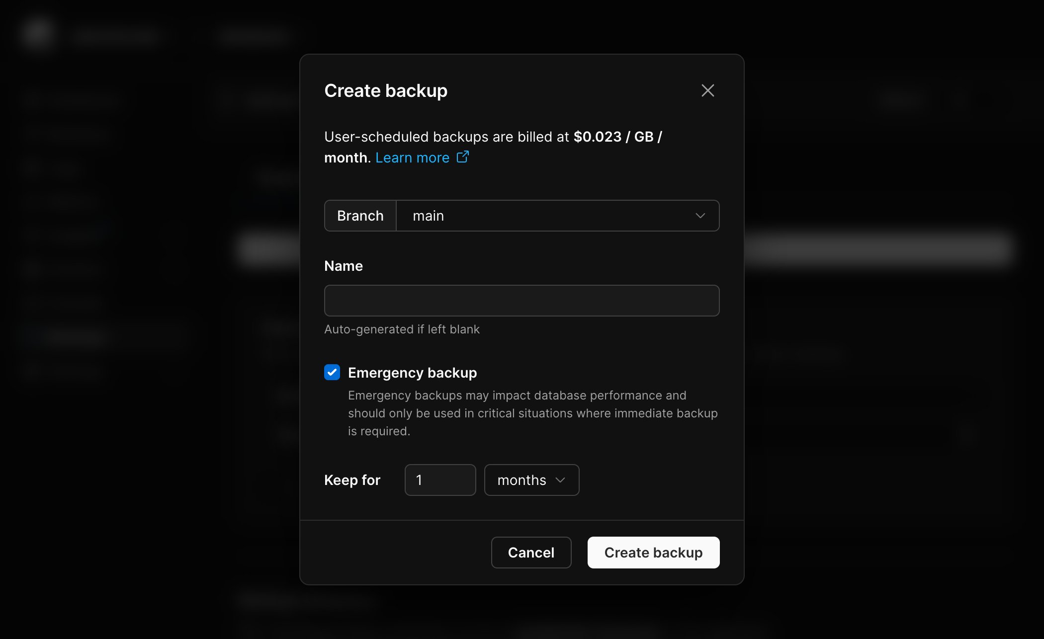 Create backup dialog with branch, name, Emergency backup, and retention controls