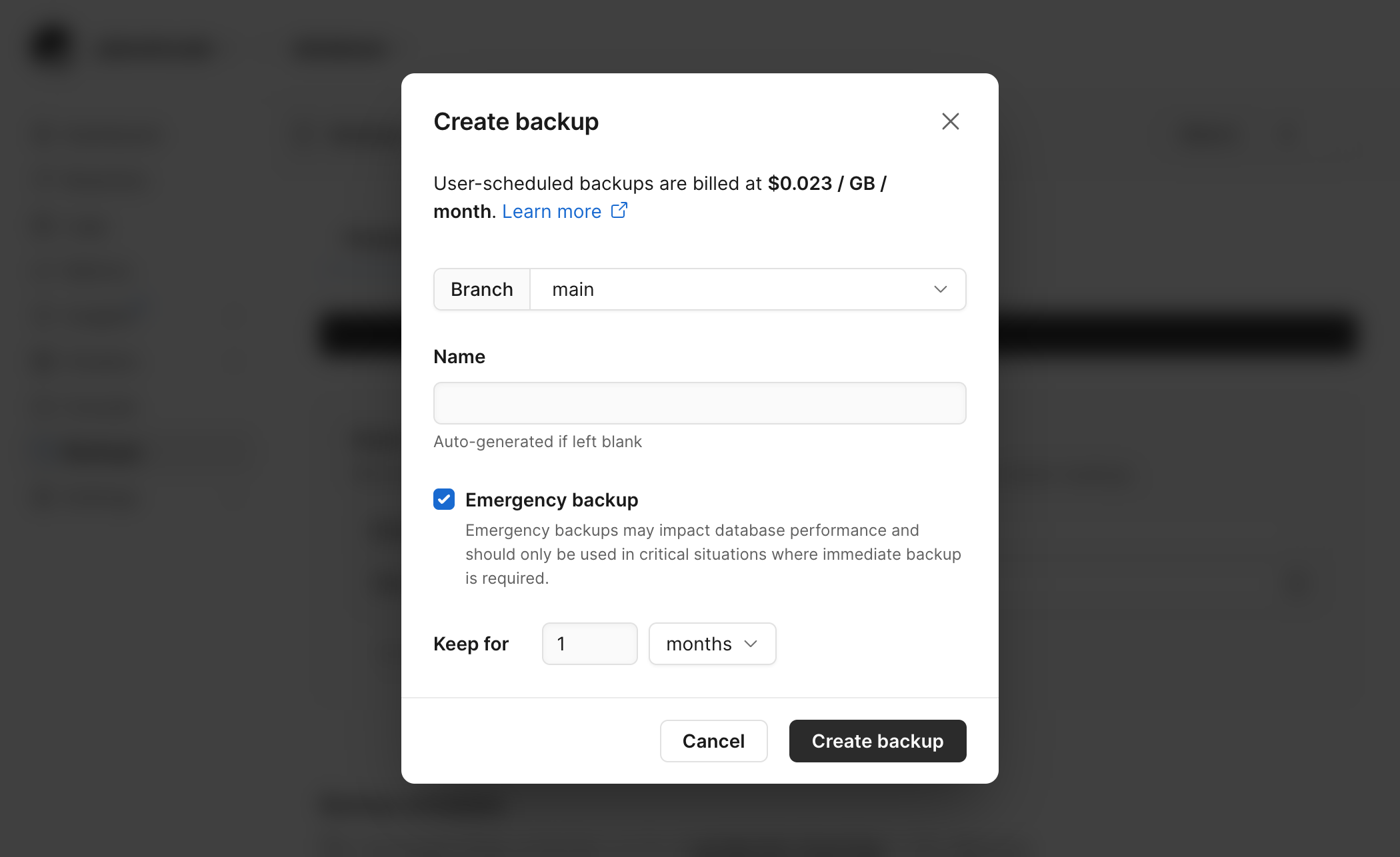 Create backup dialog with branch, name, Emergency backup, and retention controls