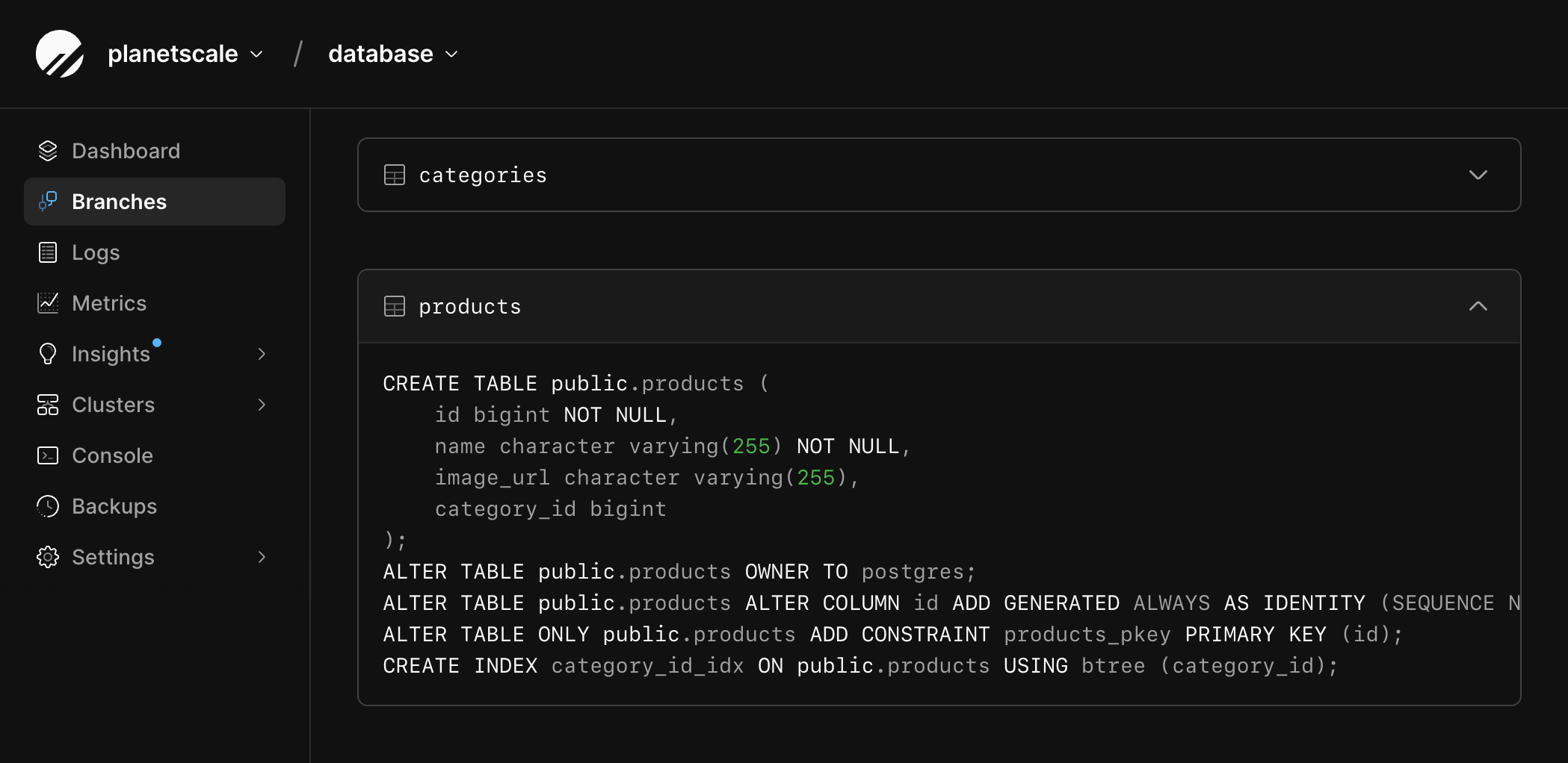 Branches page with the products table expanded to show its schema