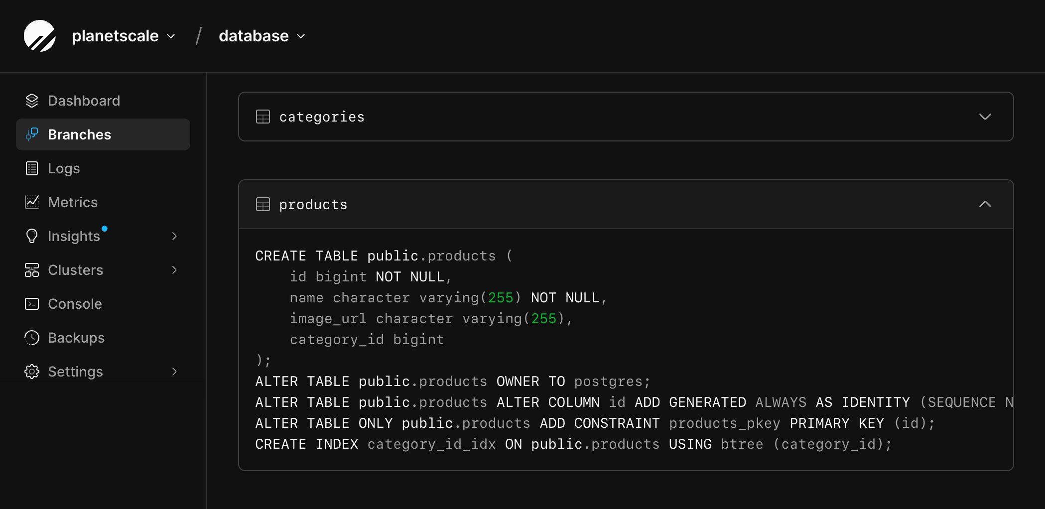 Branches page with the products table expanded to show its schema