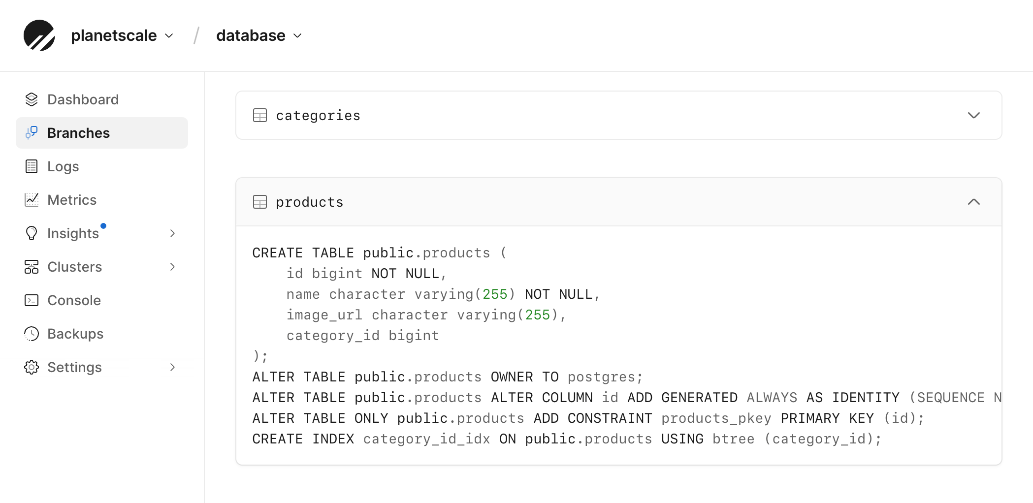 Branches page with the products table expanded to show its schema