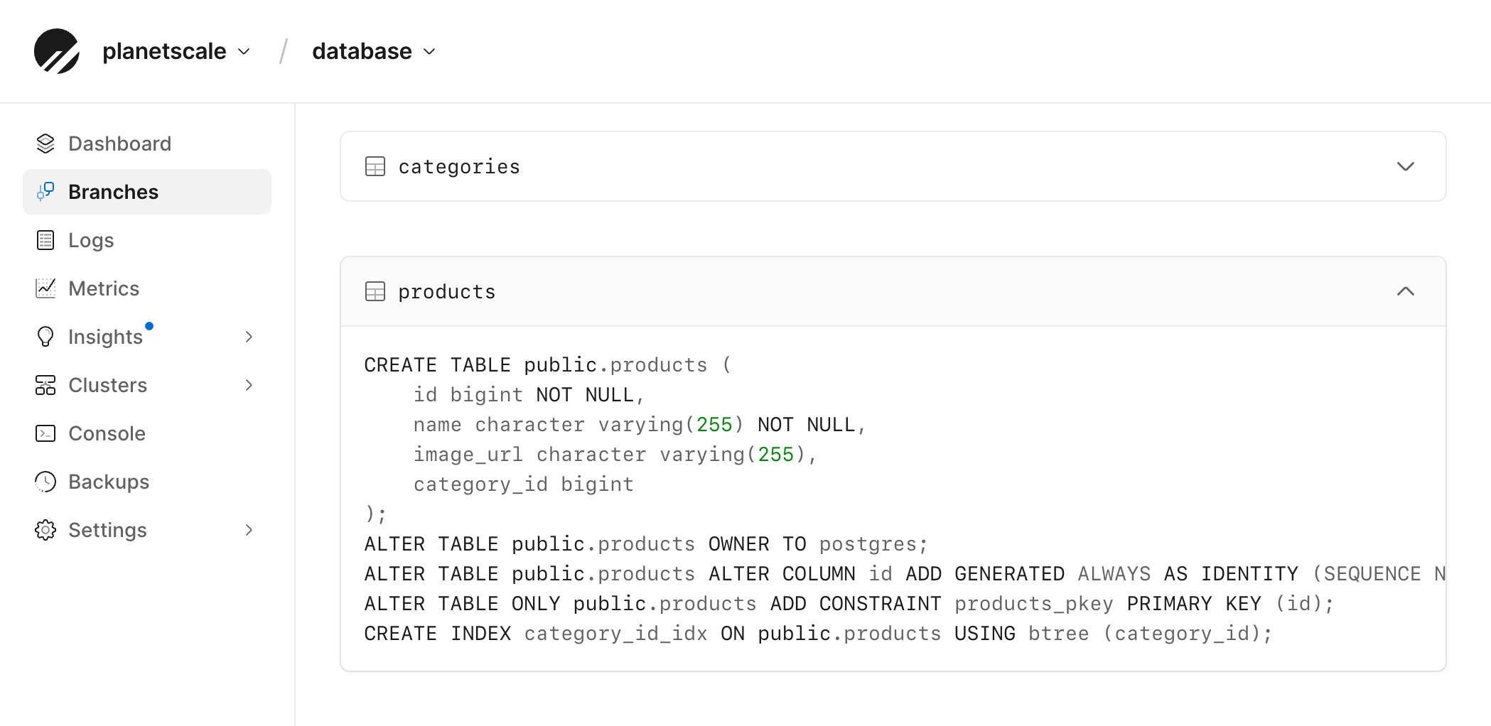 Branches page with the products table expanded to show its schema