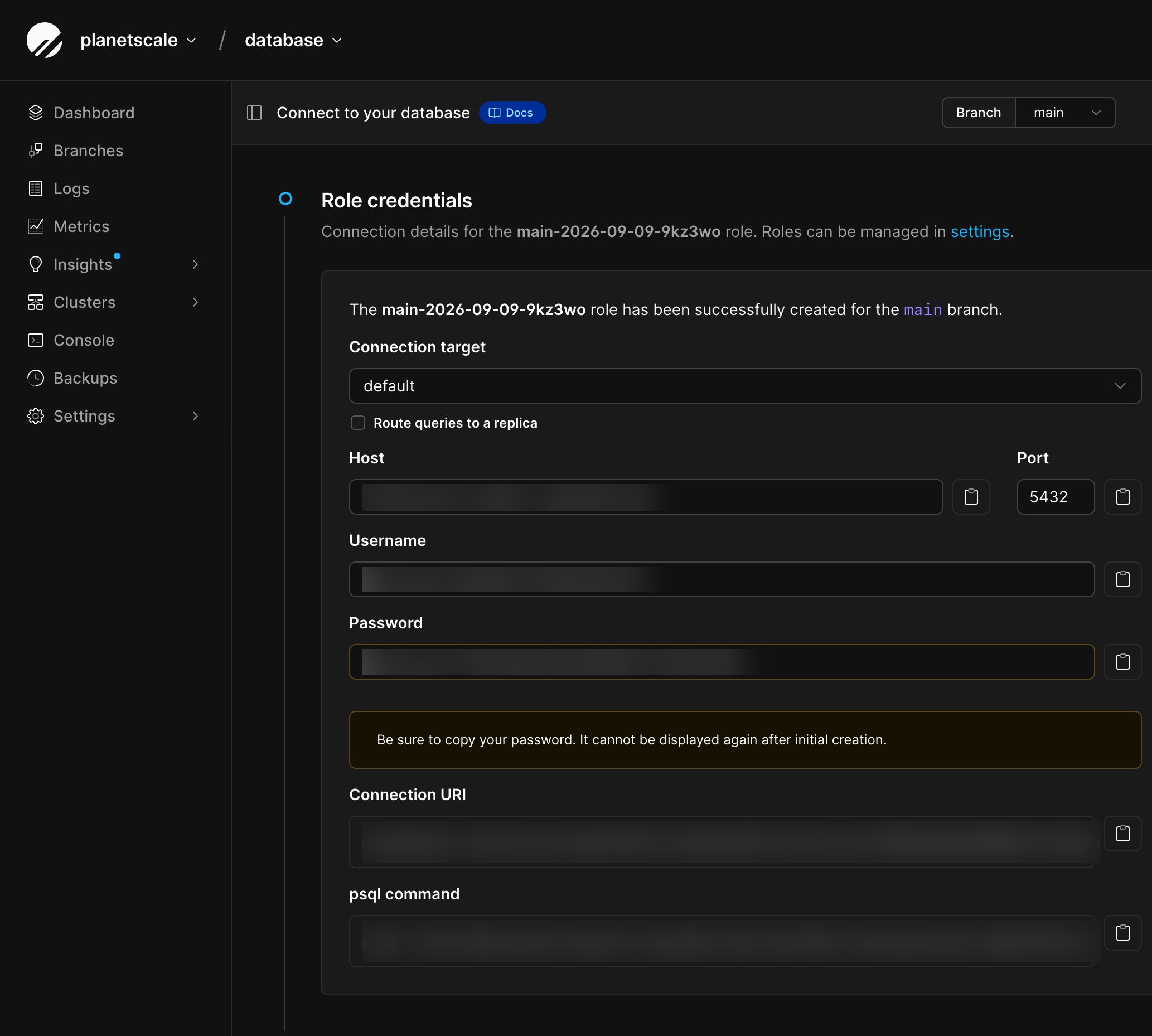 Connect page showing generated role credentials and the psql command