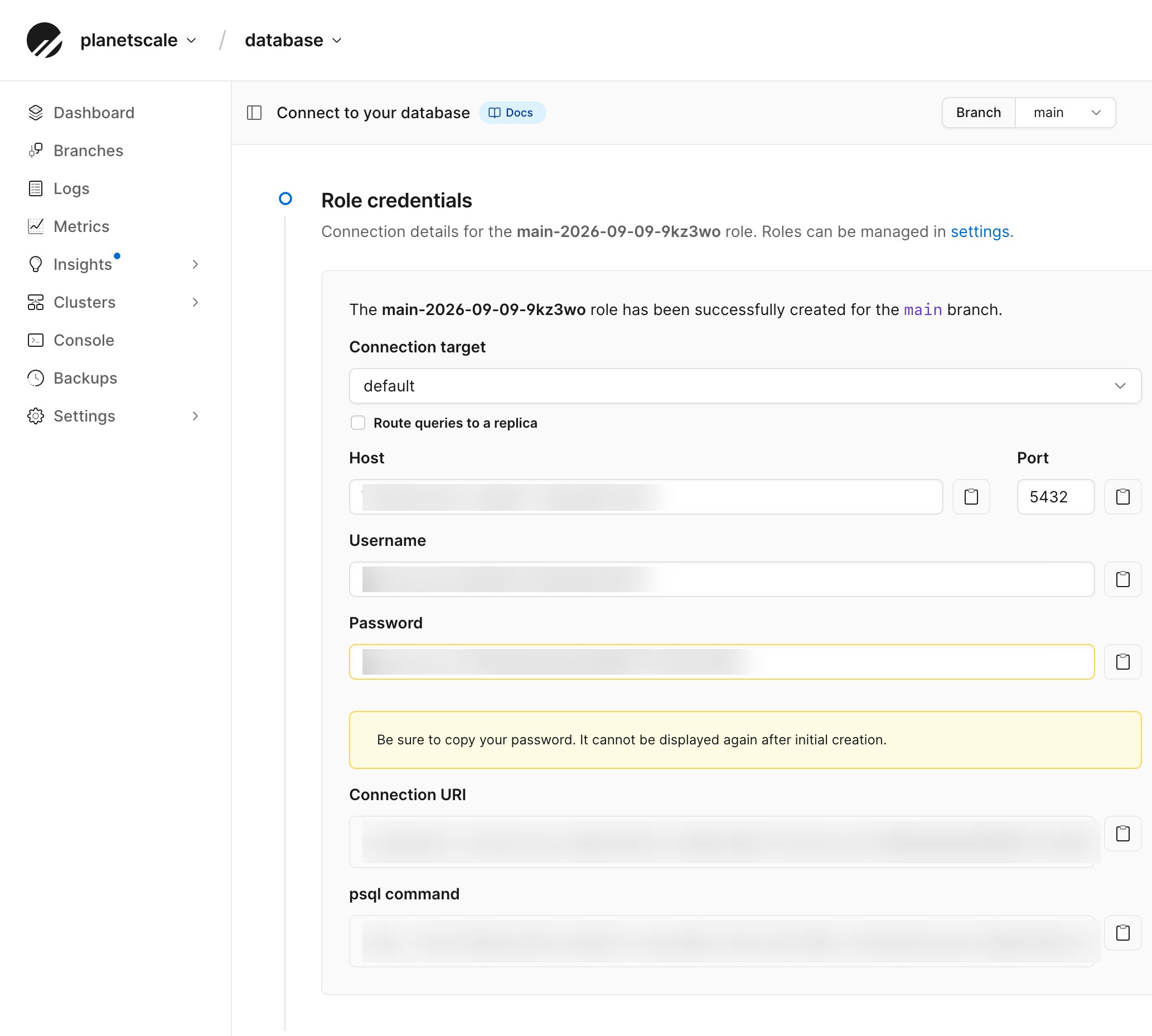 Connect page showing generated role credentials and the psql command