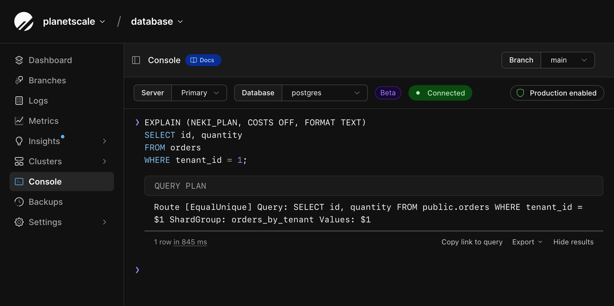 Web console EXPLAIN (NEKI_PLAN) showing Route EqualUnique on orders_by_tenant
