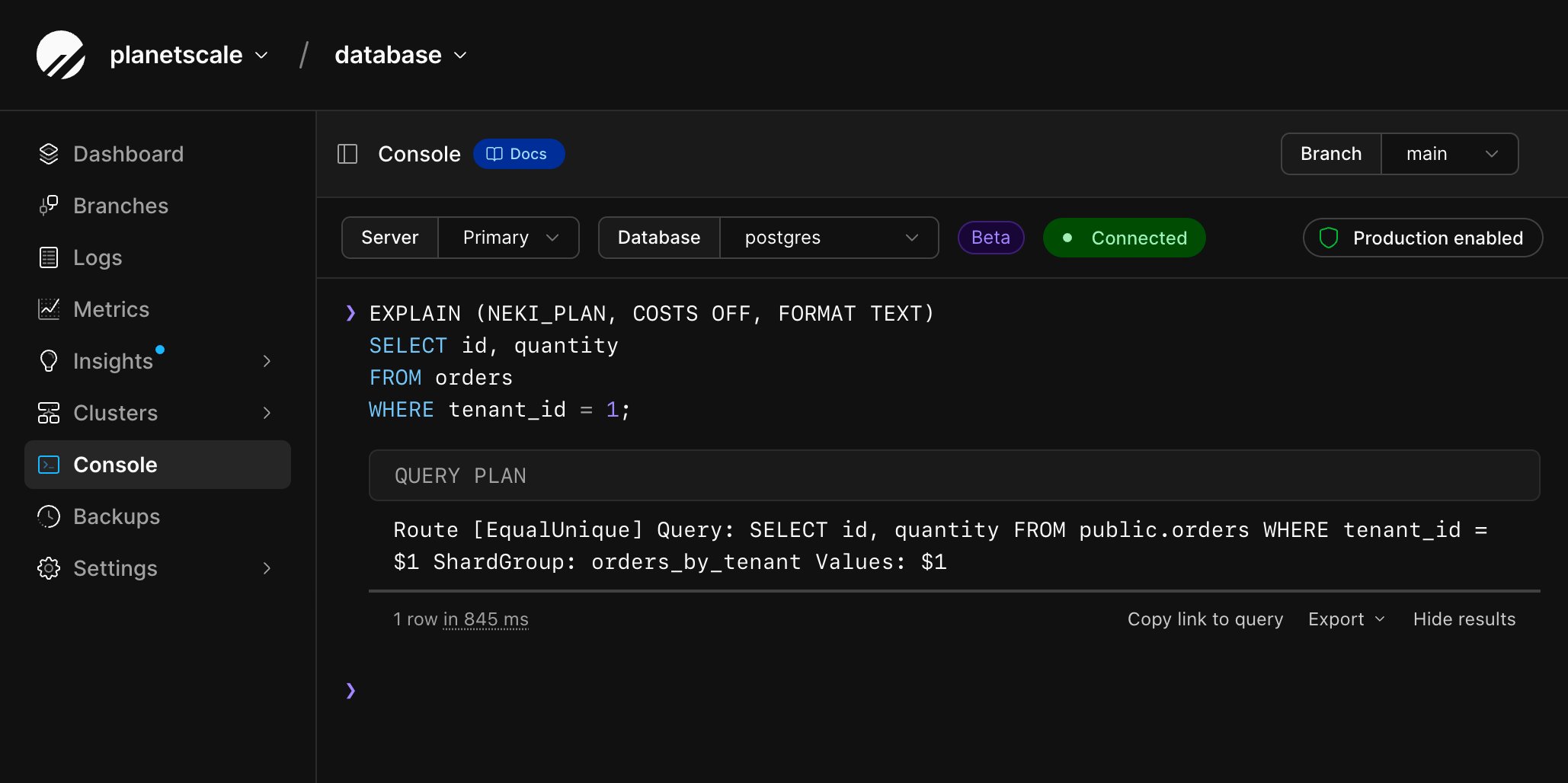 Web console EXPLAIN (NEKI_PLAN) showing Route EqualUnique on orders_by_tenant