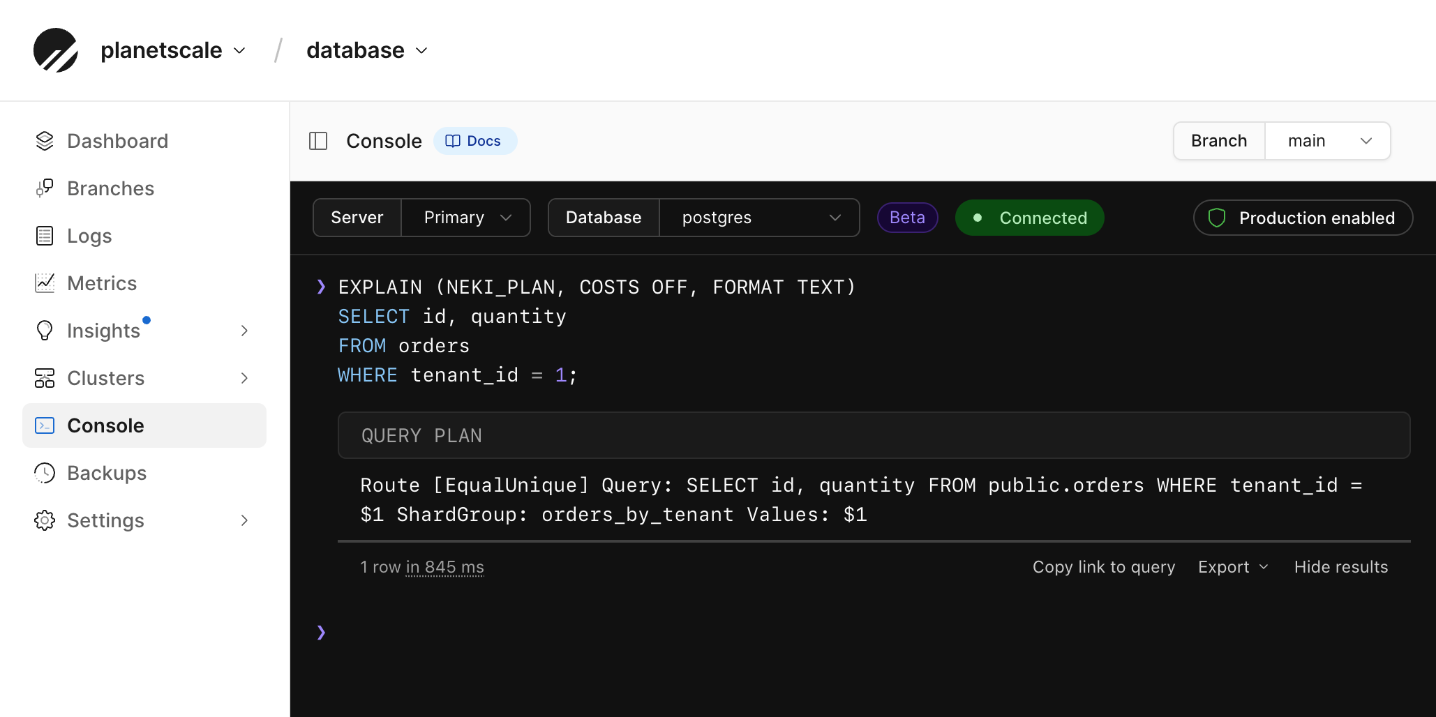 Web console EXPLAIN (NEKI_PLAN) showing Route EqualUnique on orders_by_tenant