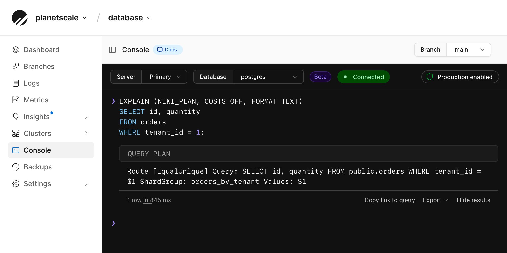 Web console EXPLAIN (NEKI_PLAN) showing Route EqualUnique on orders_by_tenant