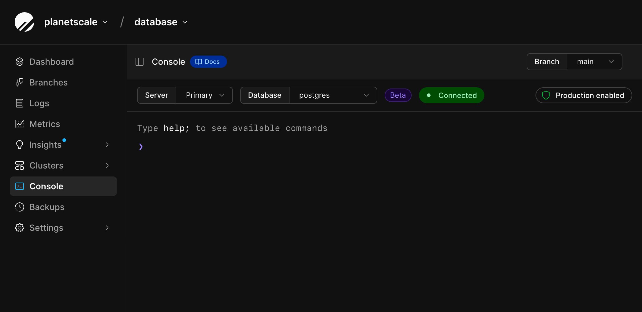 Web console connected to the main branch