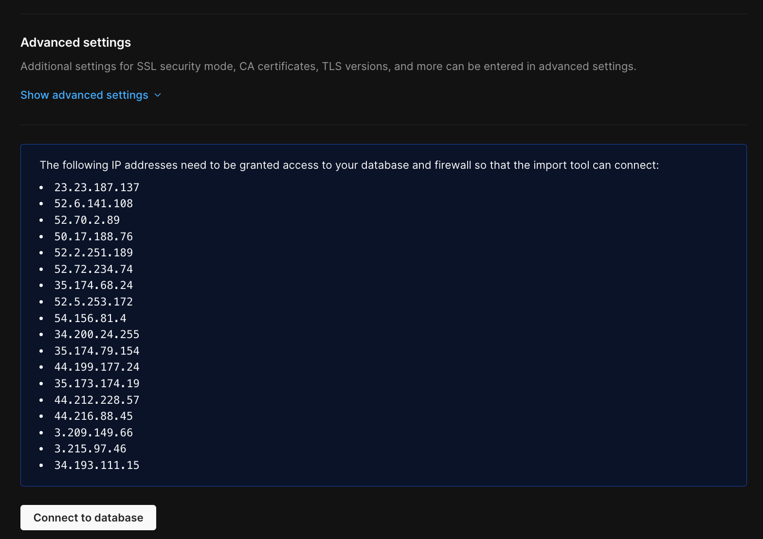 IP addresses displayed on the connection step of import workflow