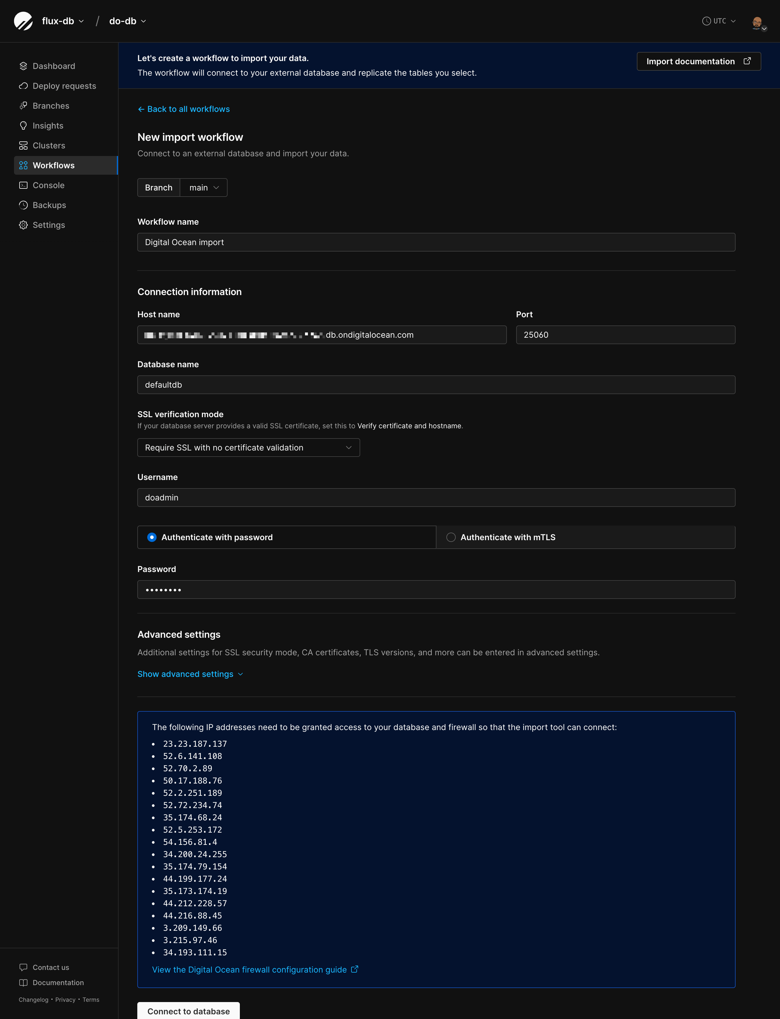 The connection form with SSL/TLS settings.