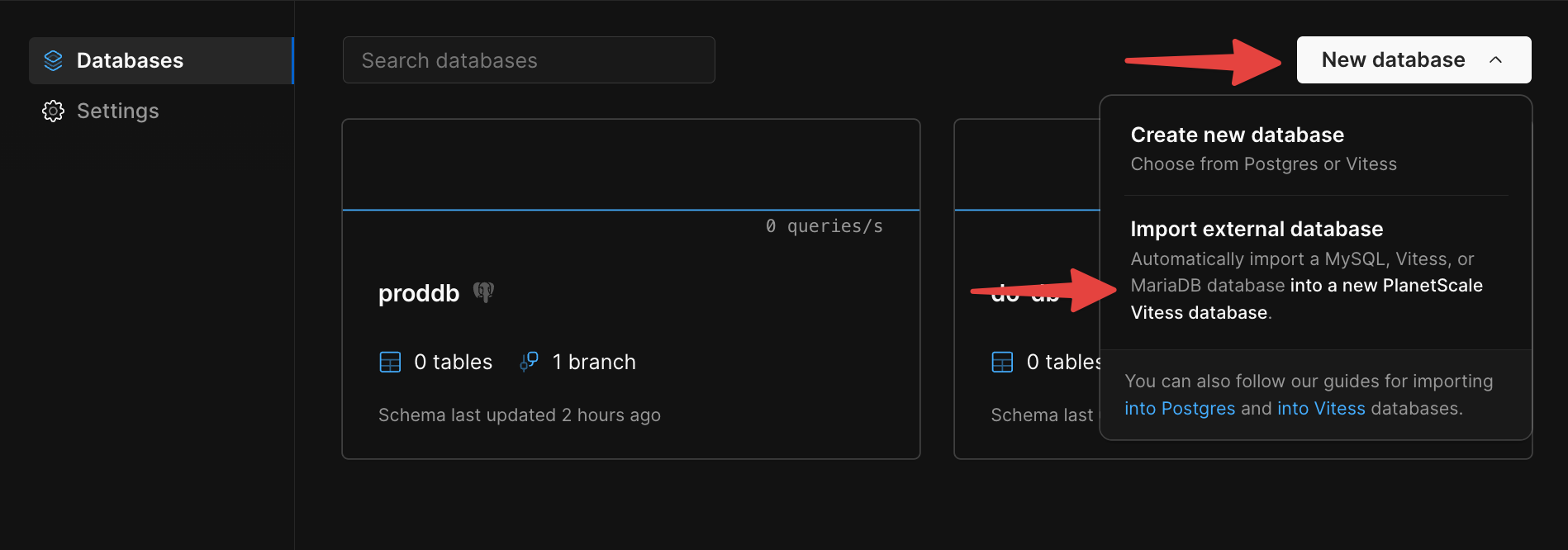 Import database dropdown.