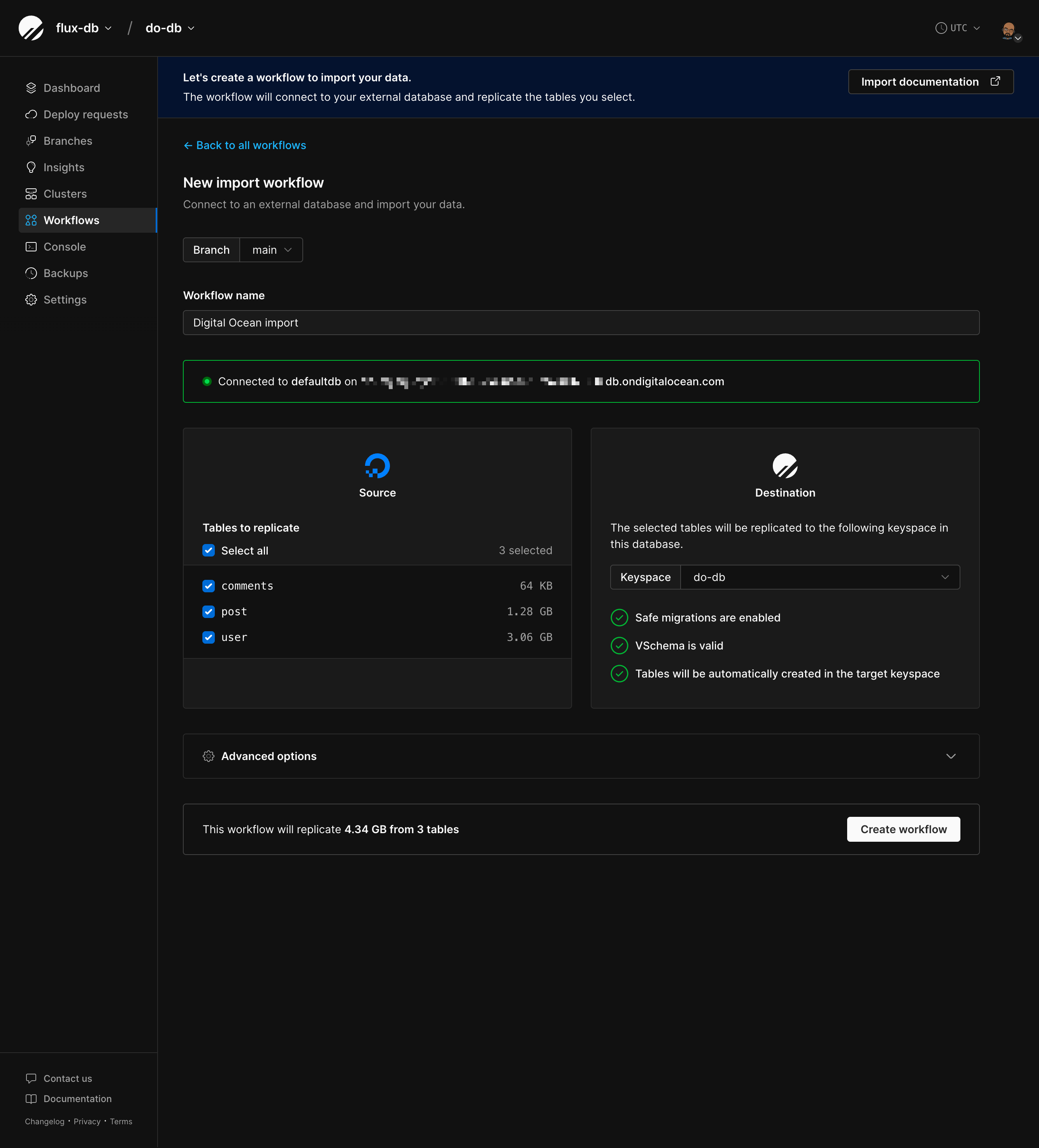 The validation results showing checks passed and table list.
