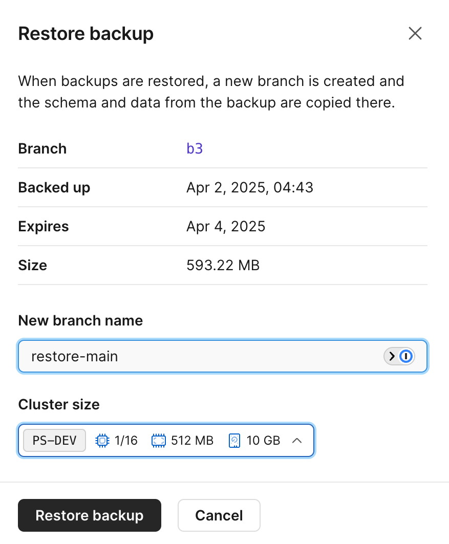 Restore backup pop-up modal