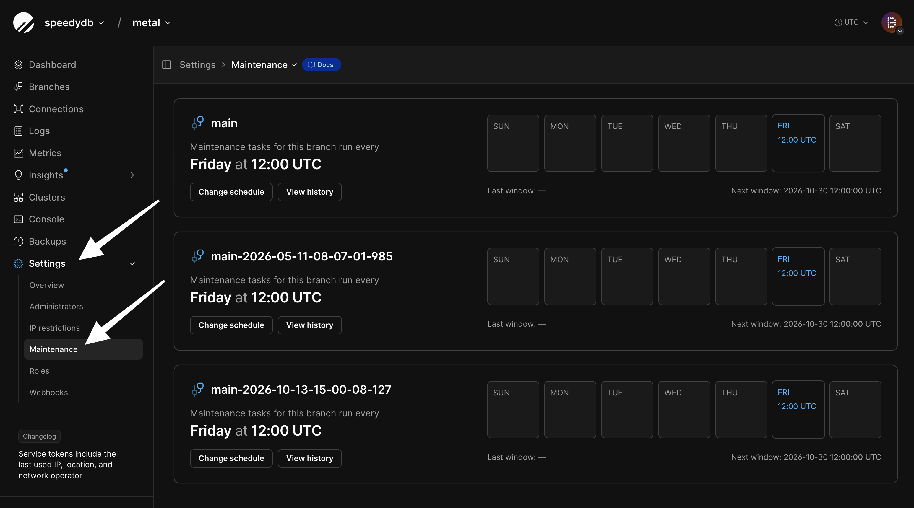 Settings Maintenance page showing each production branch's weekly maintenance window, with Change schedule and View history
