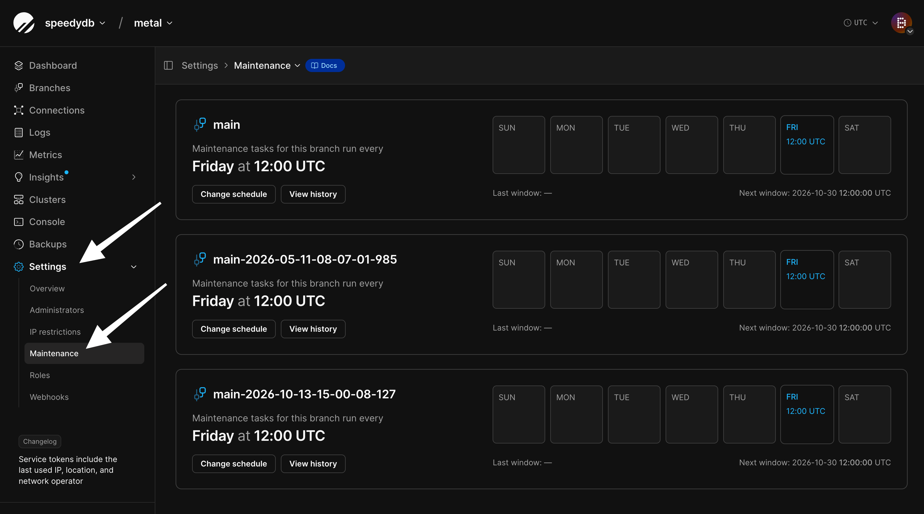 Settings Maintenance page showing each production branch's weekly maintenance window, with Change schedule and View history