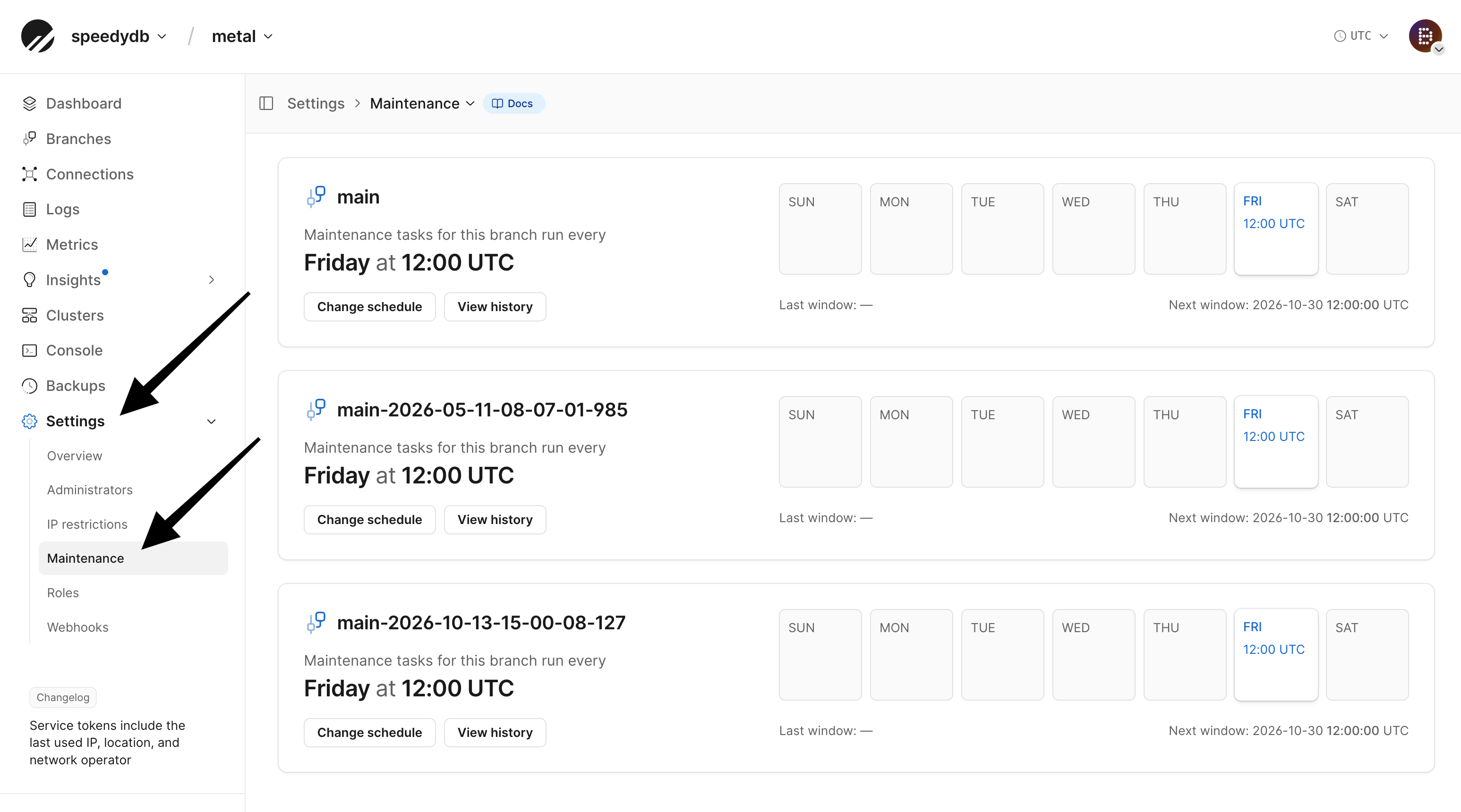 Settings Maintenance page showing each production branch's weekly maintenance window, with Change schedule and View history