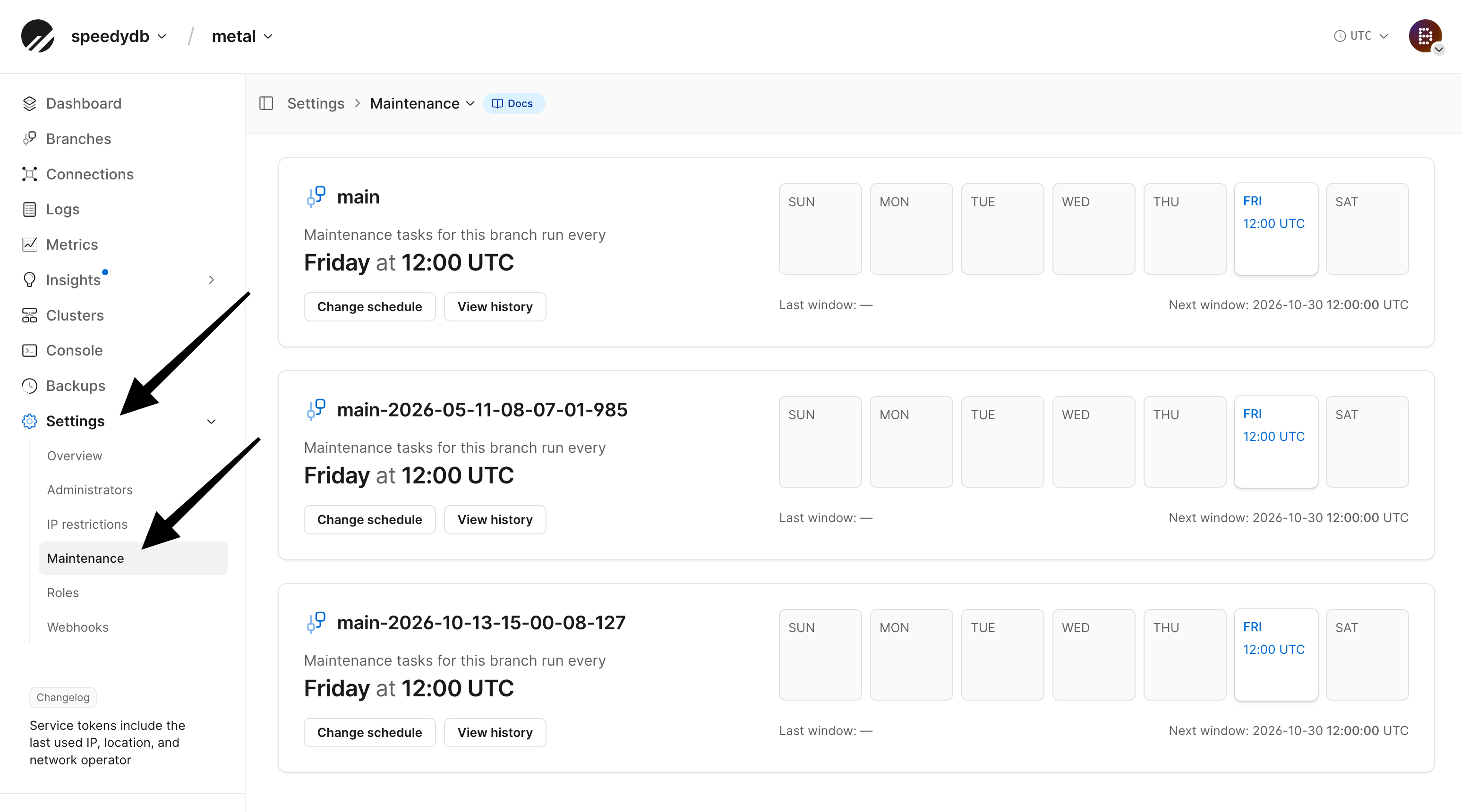 Settings Maintenance page showing each production branch's weekly maintenance window, with Change schedule and View history