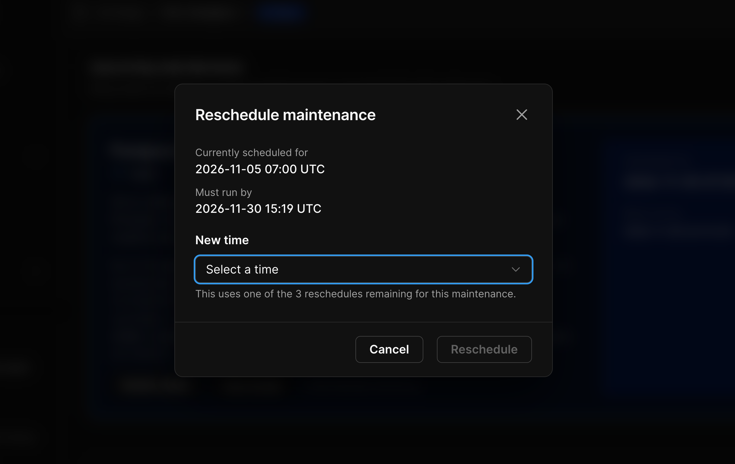 Reschedule maintenance dialog showing the current scheduled time, the must-run-by deadline, and a list of upcoming windows to choose from