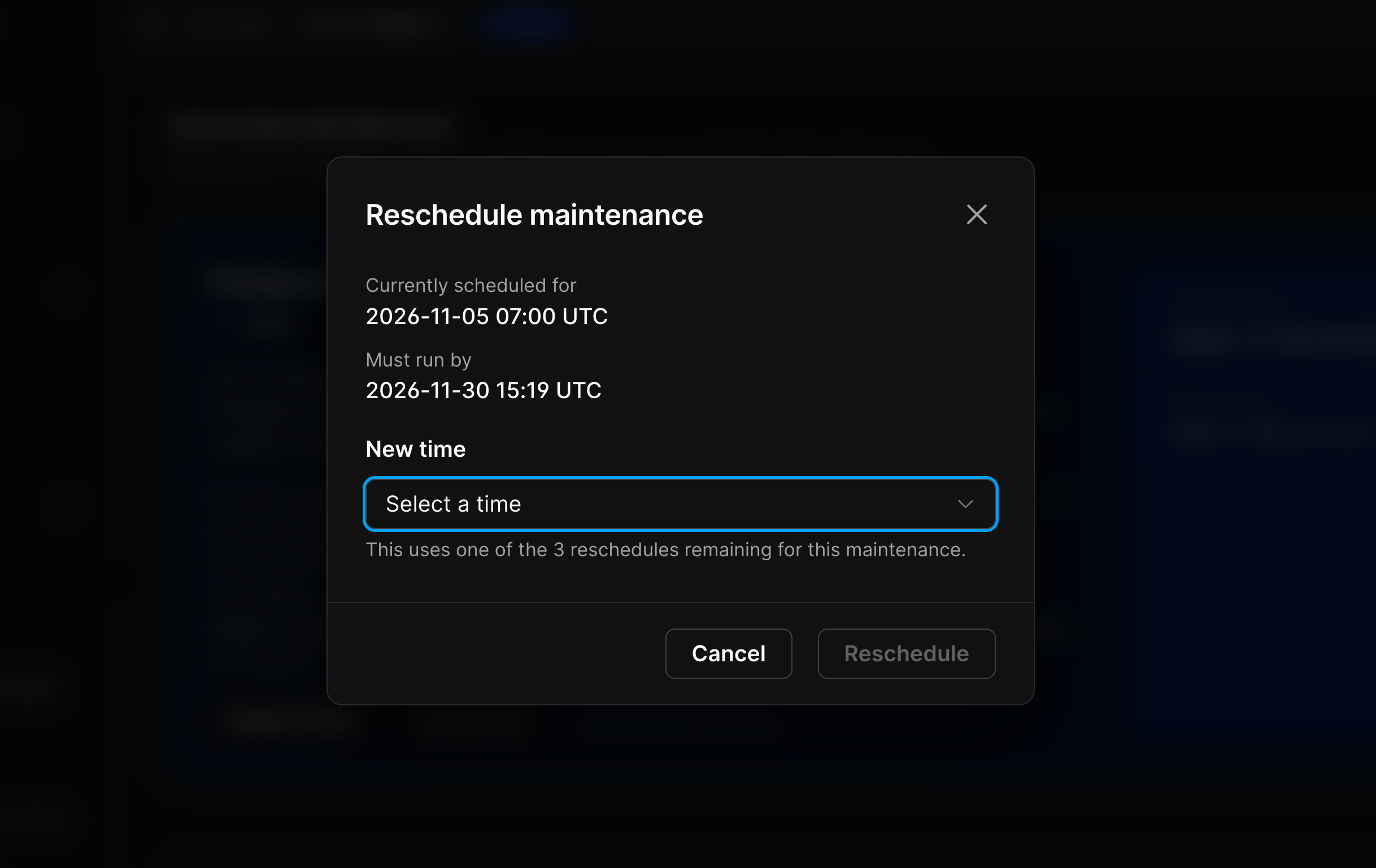 Reschedule maintenance dialog showing the current scheduled time, the must-run-by deadline, and a list of upcoming windows to choose from