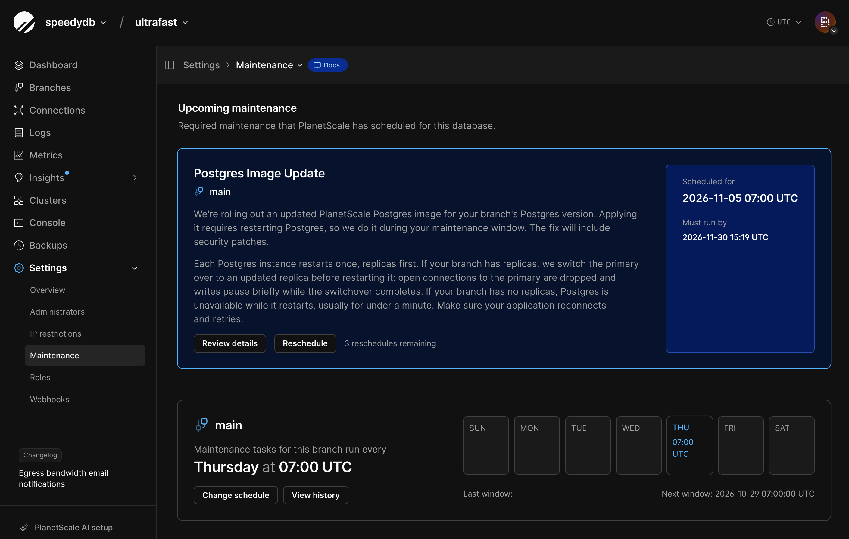 Upcoming maintenance card for a Postgres image update, showing what's changing, the scheduled time, the must-run-by deadline, and the Reschedule button