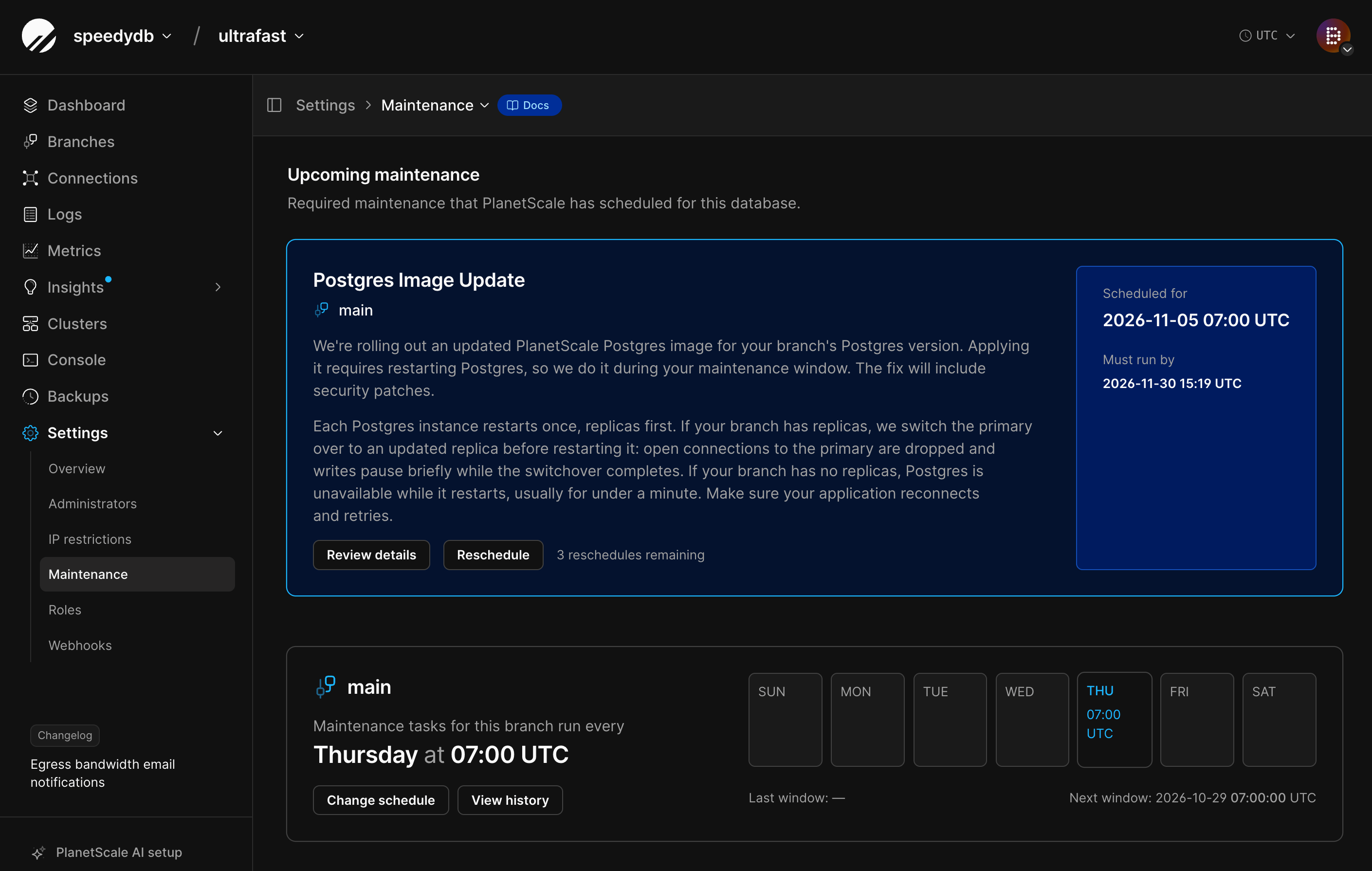 Upcoming maintenance card for a Postgres image update, showing what's changing, the scheduled time, the must-run-by deadline, and the Reschedule button
