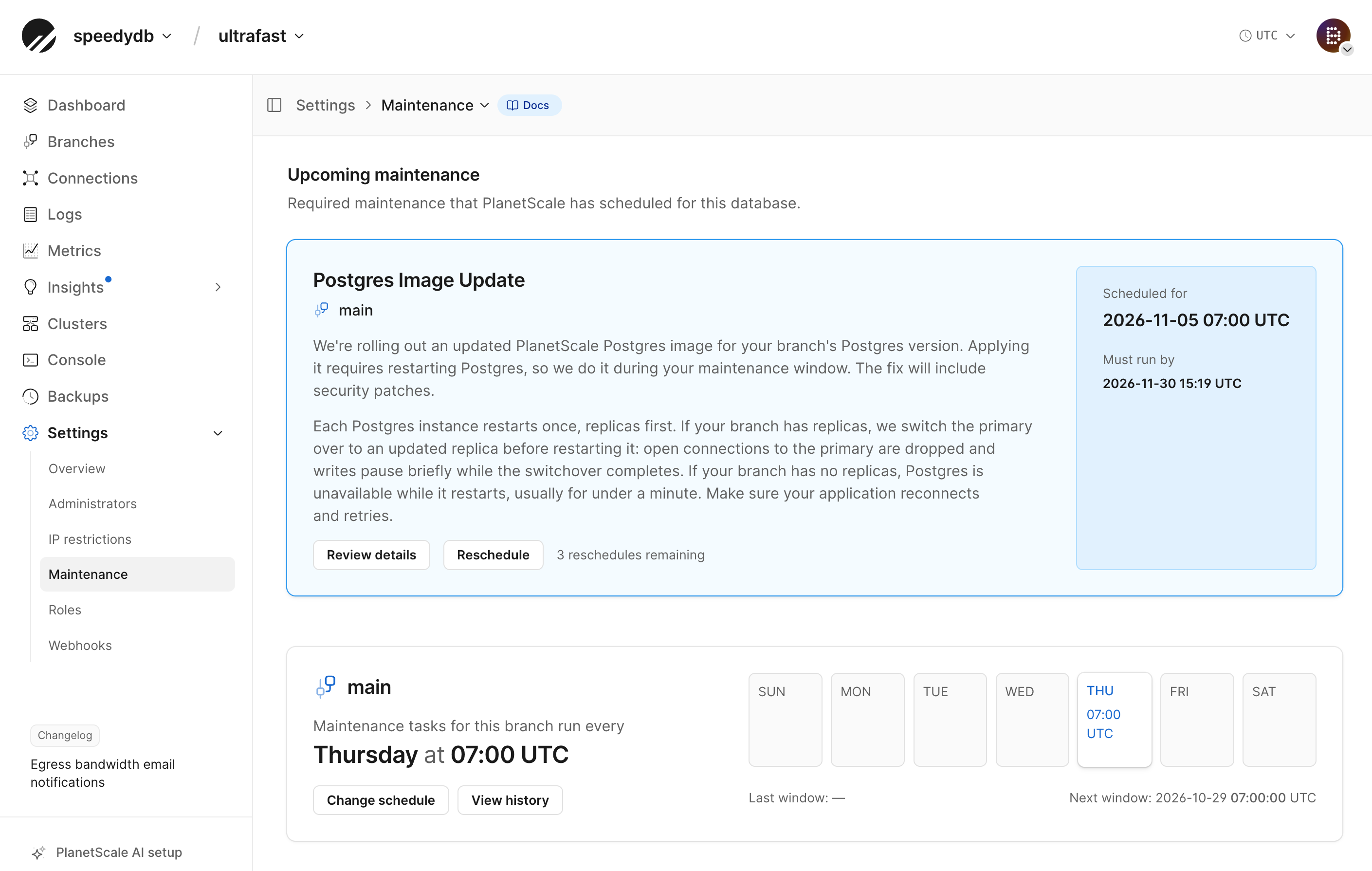 Upcoming maintenance card for a Postgres image update, showing what's changing, the scheduled time, the must-run-by deadline, and the Reschedule button