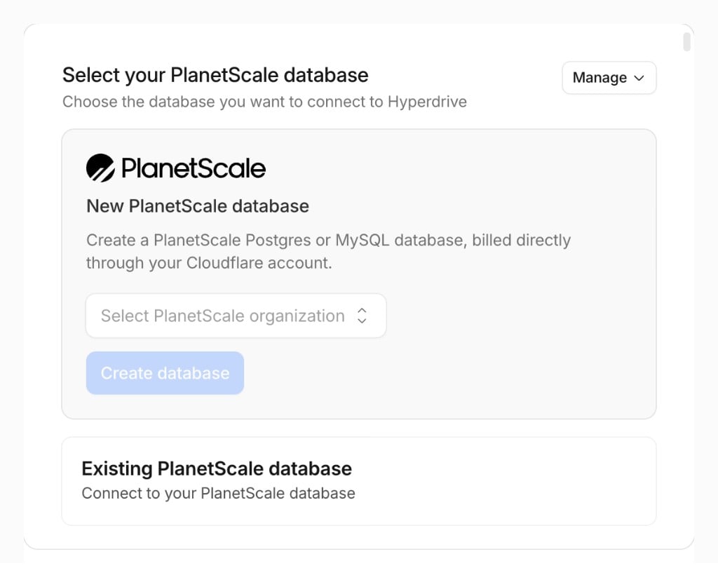Select your PlanetScale organization in the Cloudflare dashboard