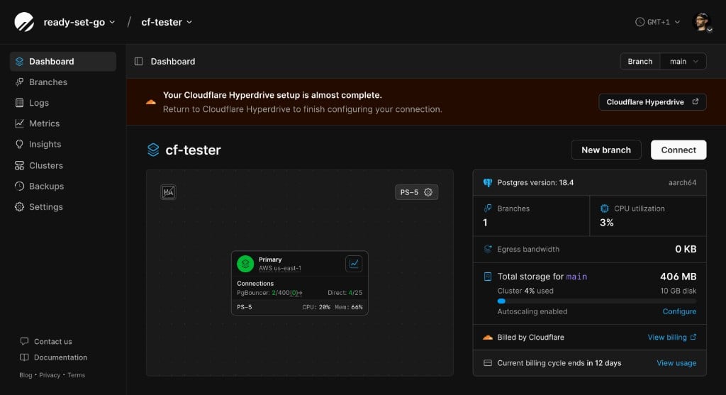 PlanetScale dashboard banner directing to Cloudflare Hyperdrive setup